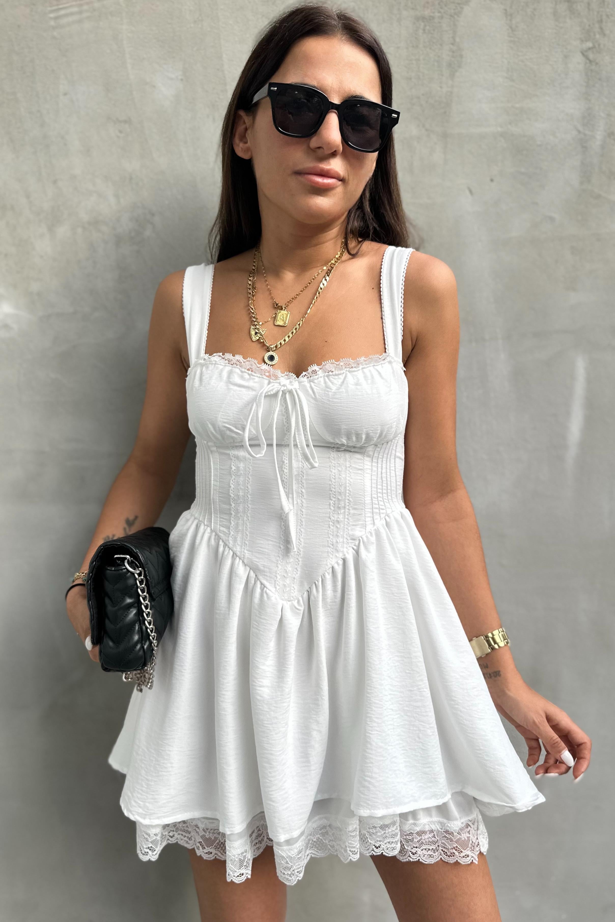 Beyaz Etek Ucu Dantelli Mini ElbiseELBİSE