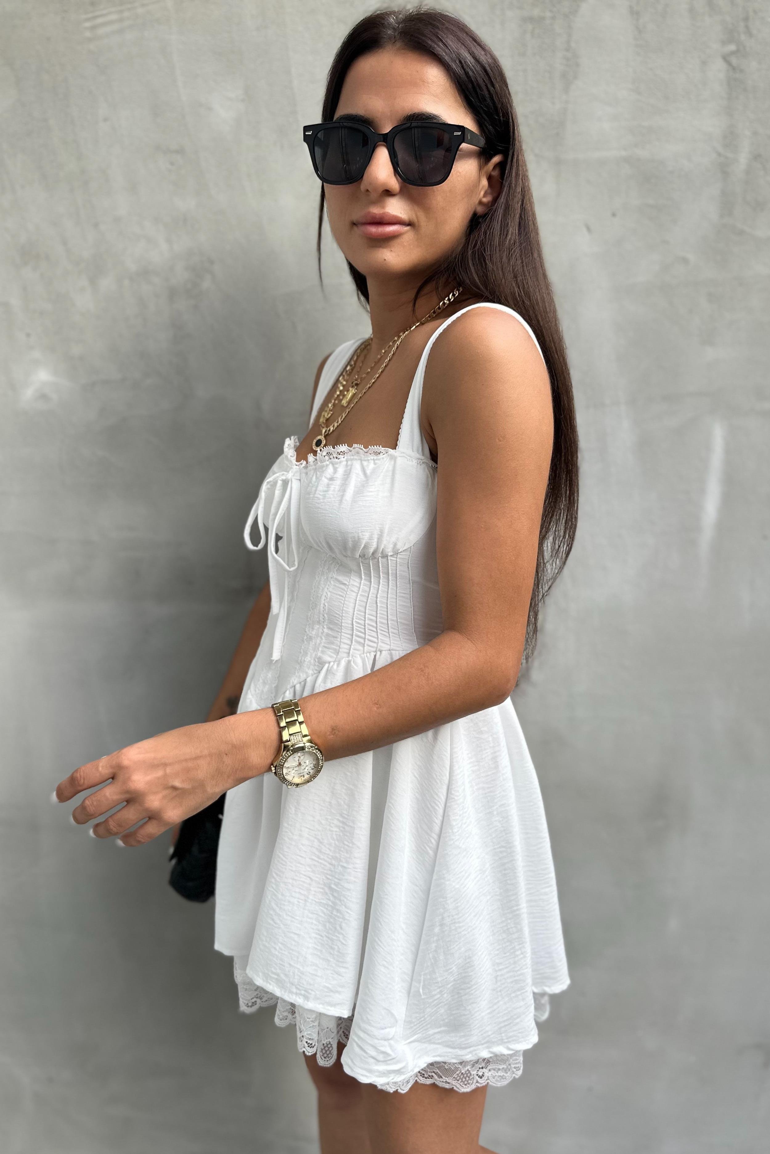 Beyaz Etek Ucu Dantelli Mini ElbiseELBİSE