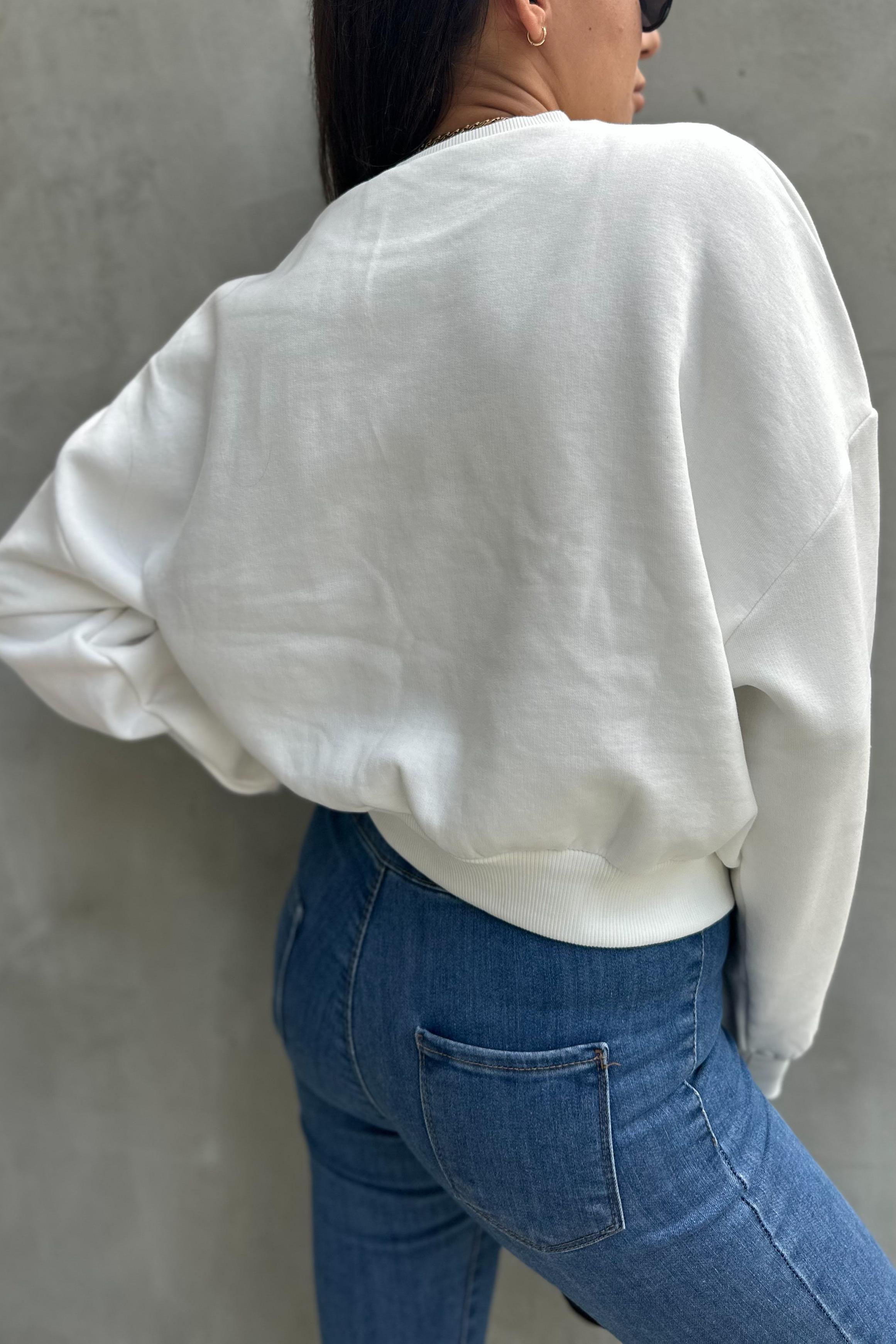 Bisiklet Yaka Baskılı Beyaz SweatshirtSWEATSHİRT