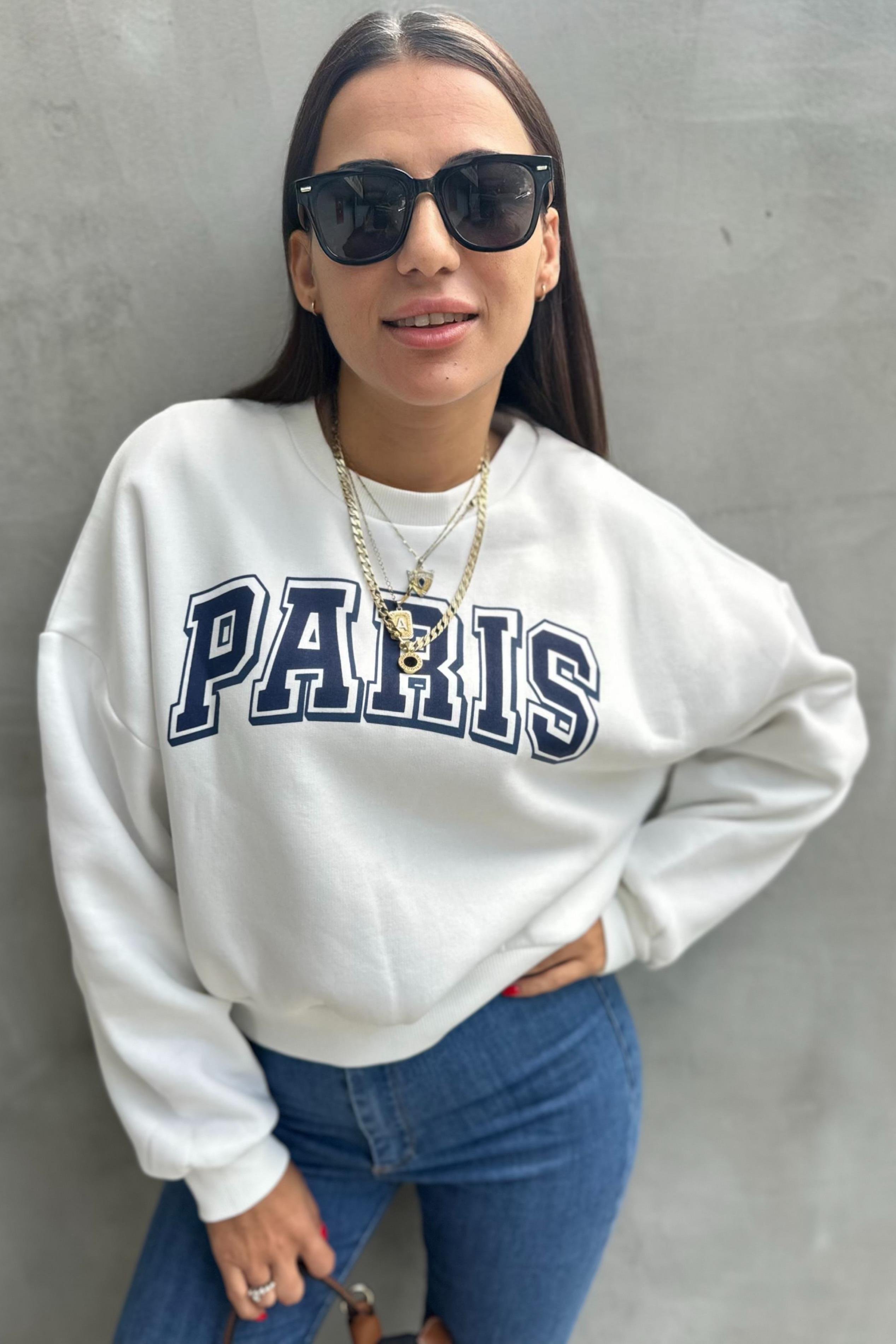 Bisiklet Yaka Baskılı Beyaz SweatshirtSWEATSHİRT