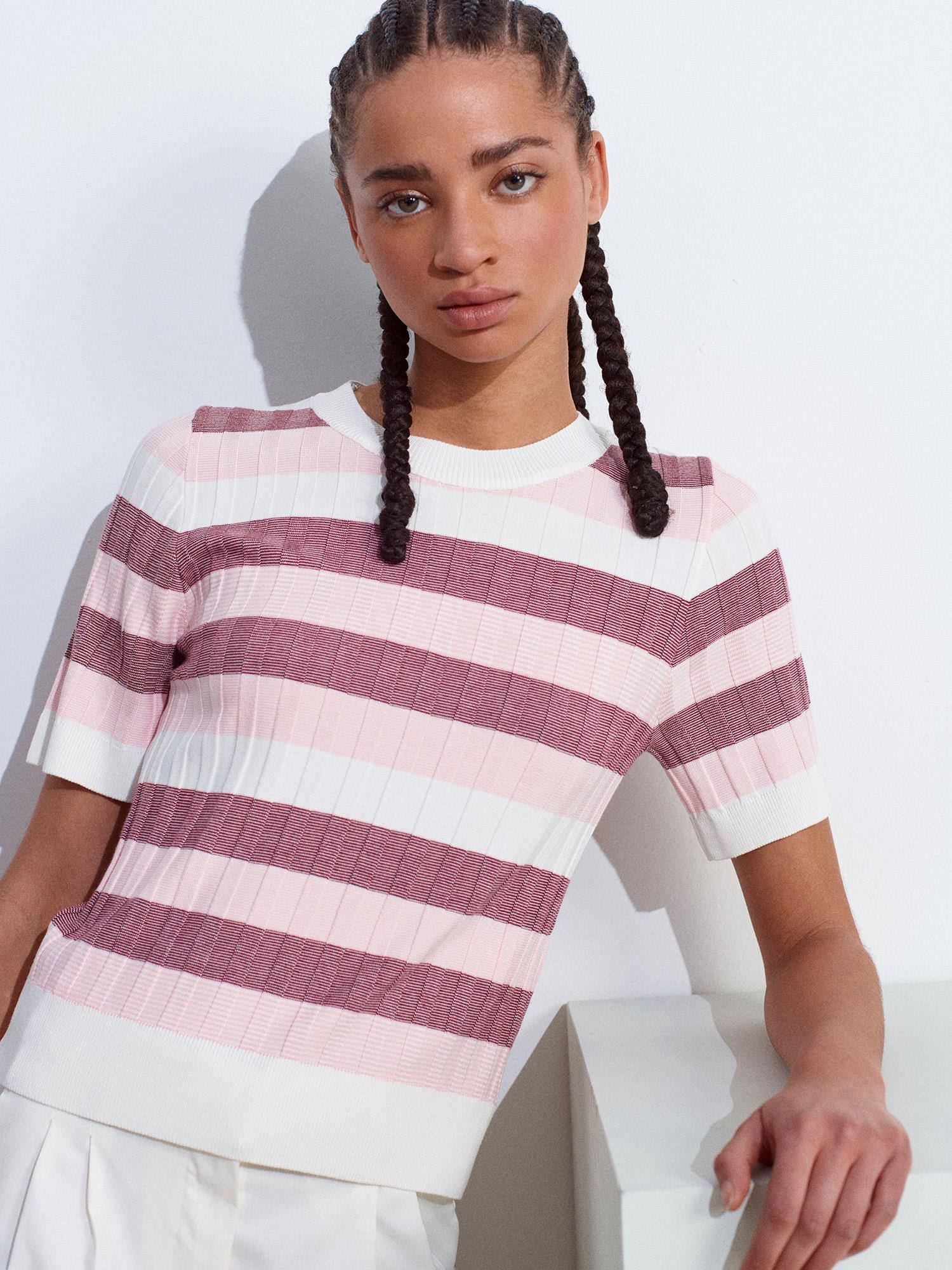 Bisiklet Yaka Çizgili Yumuşak Dokulu Pembe Triko BluzBLUZ