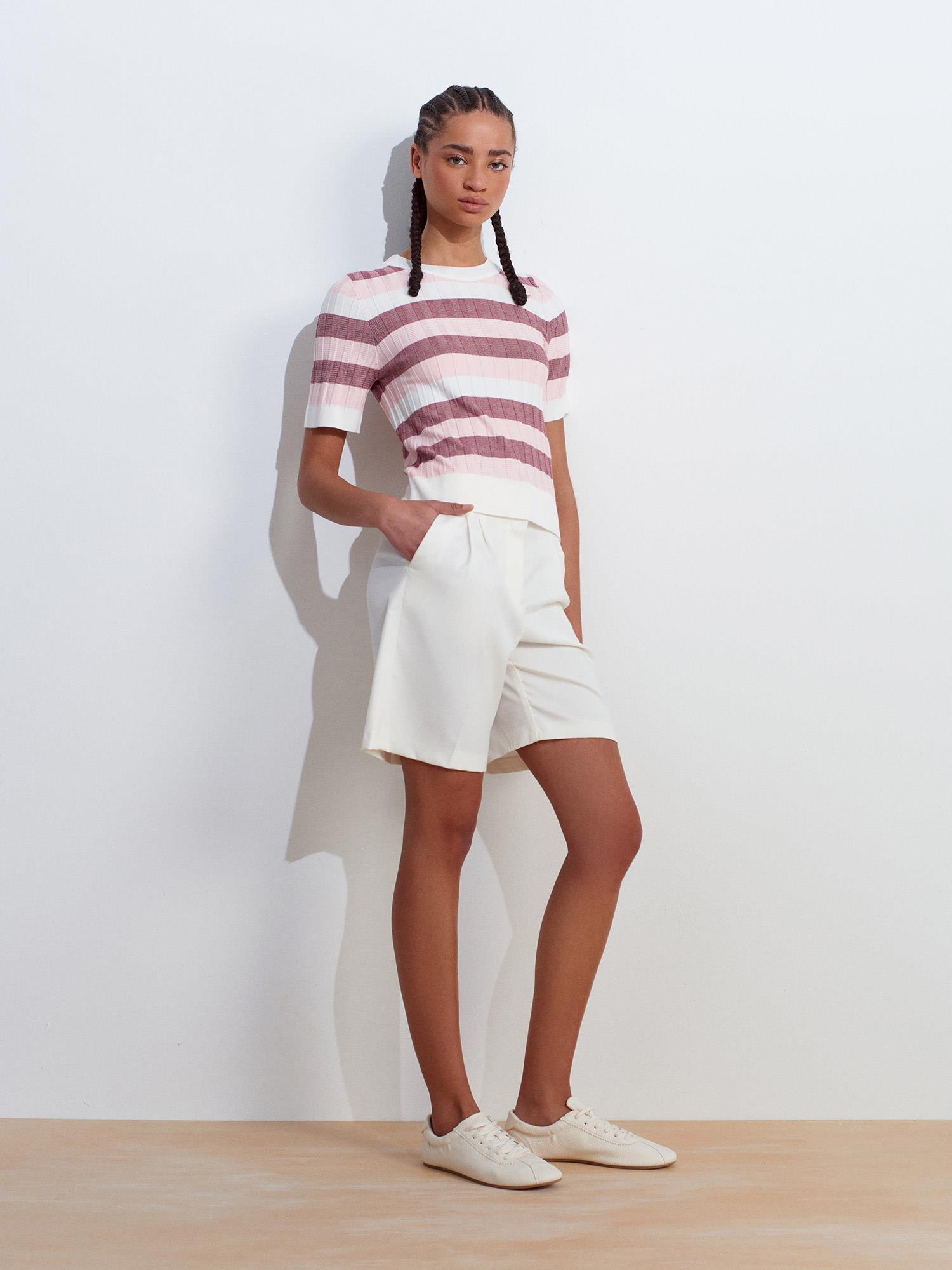 Bisiklet Yaka Çizgili Yumuşak Dokulu Pembe Triko BluzBLUZ