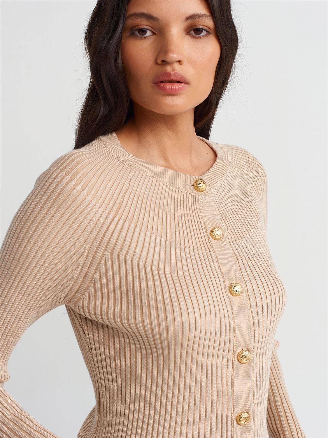 Bisiklet Yaka Düğmeli İspanyol Kol Açık Bej Triko HırkaÇOK SATANLAR