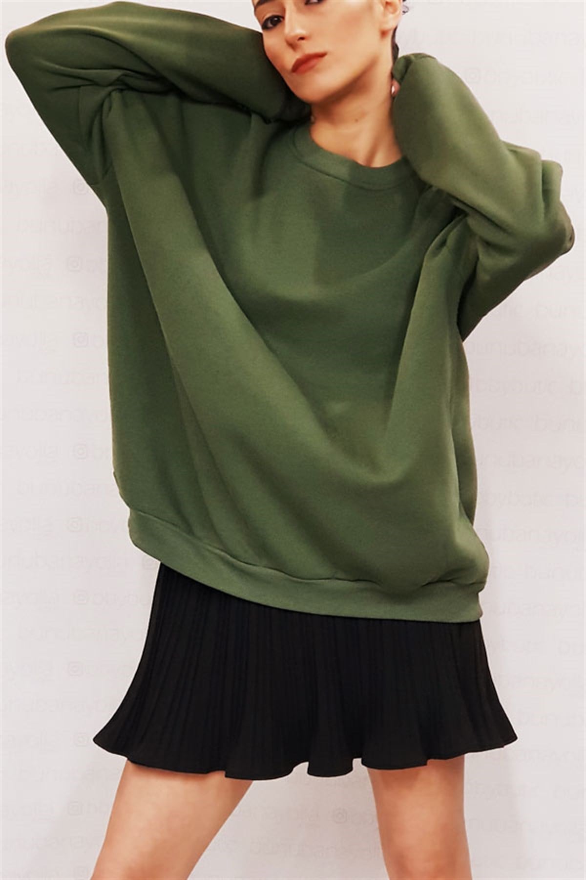Bisiklet Yaka Oversize Haki Sweatshirt