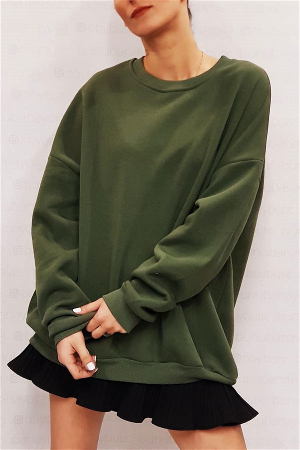 Bisiklet Yaka Oversize Haki Sweatshirt