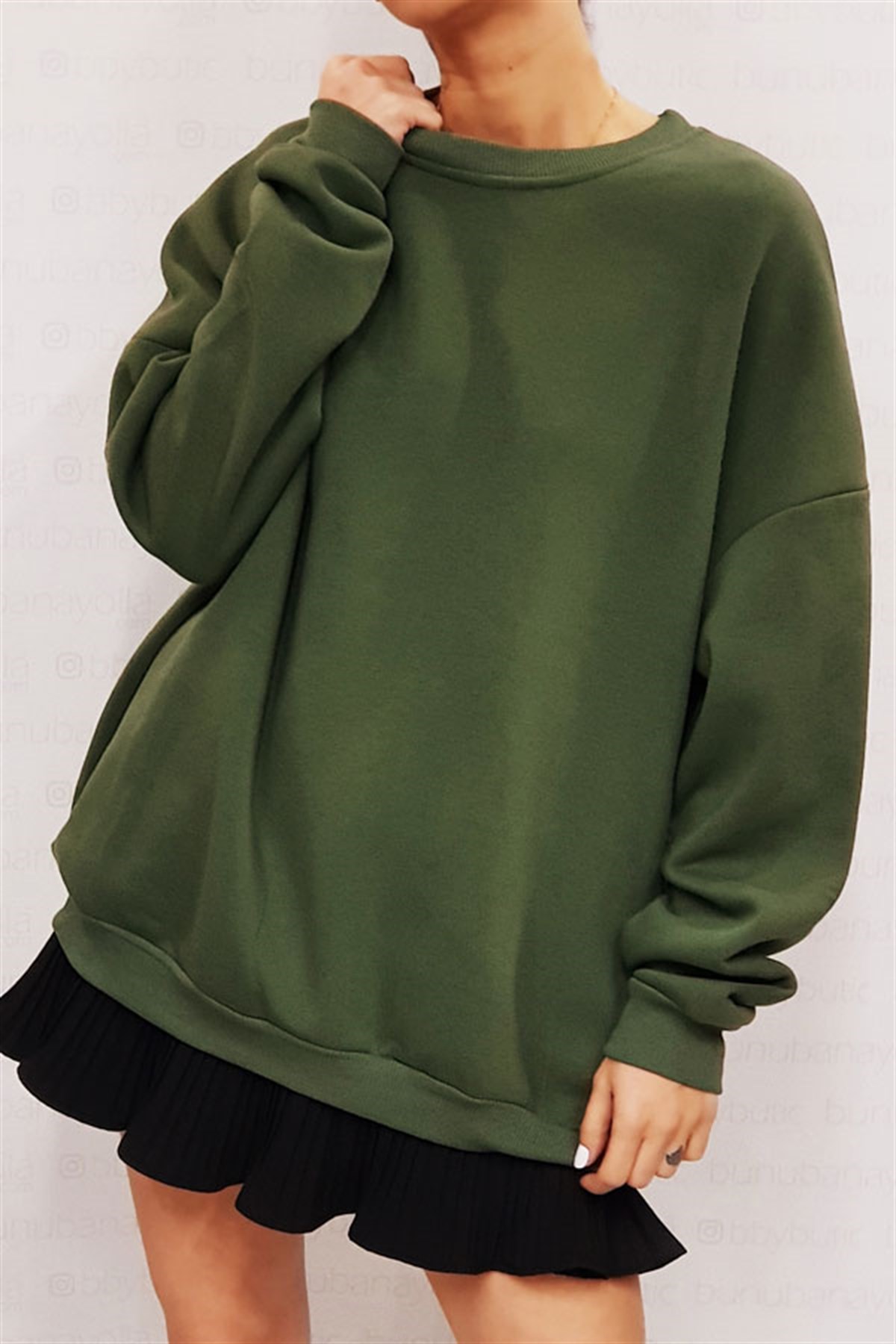 Bisiklet Yaka Oversize Haki Sweatshirt