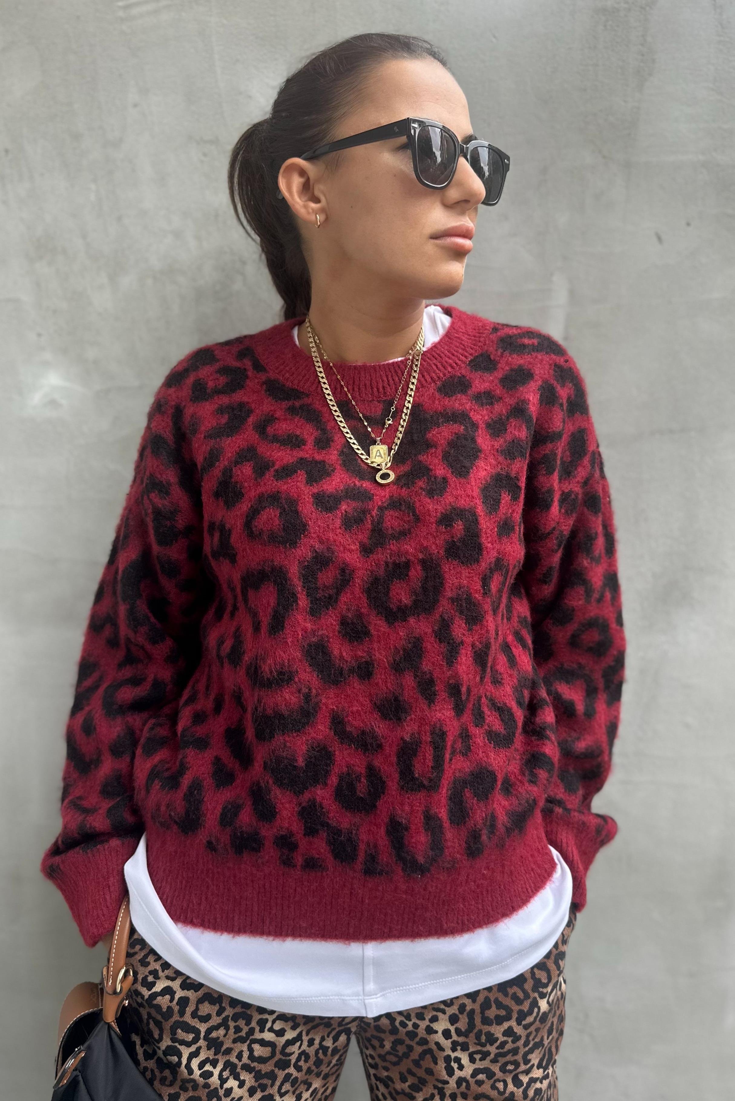 Bisiklet Yaka Şardonlu Leopar Bordo KazakKAZAK