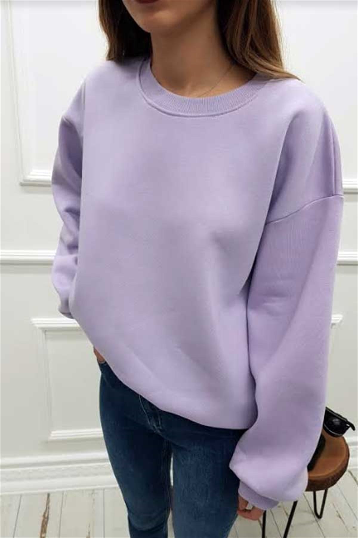 Bisiklet Yaka Şardonlu Lila Sweatshirt