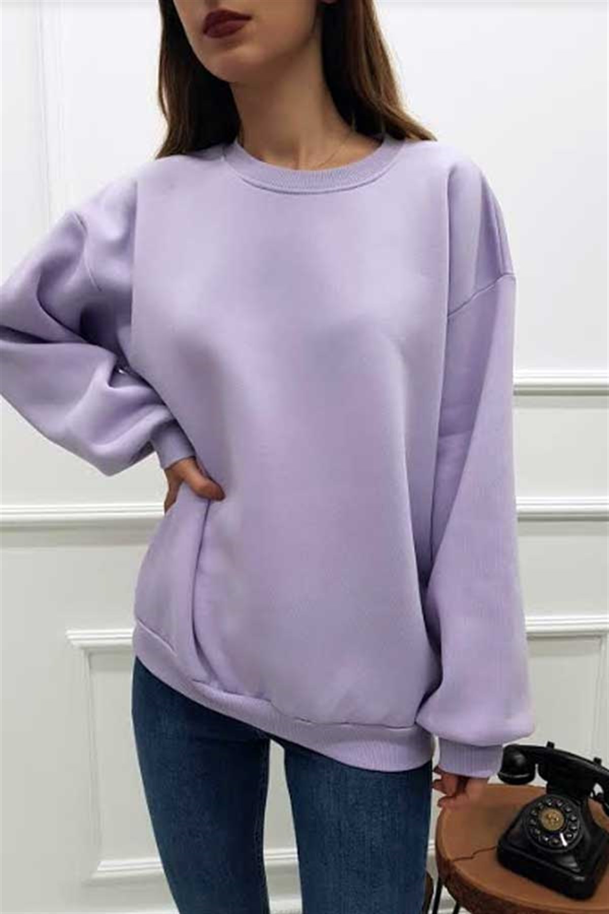Bisiklet Yaka Şardonlu Lila Sweatshirt