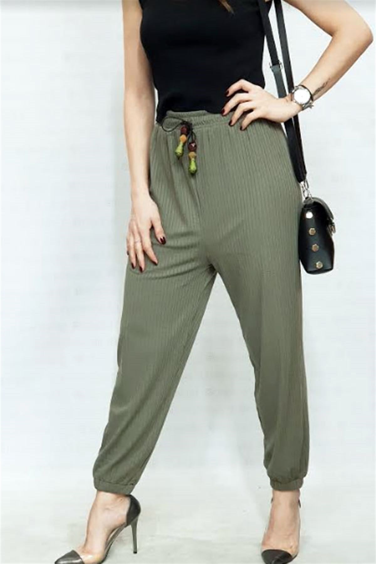Boncuklu Bağcıklı Şalvar Haki Pantalon