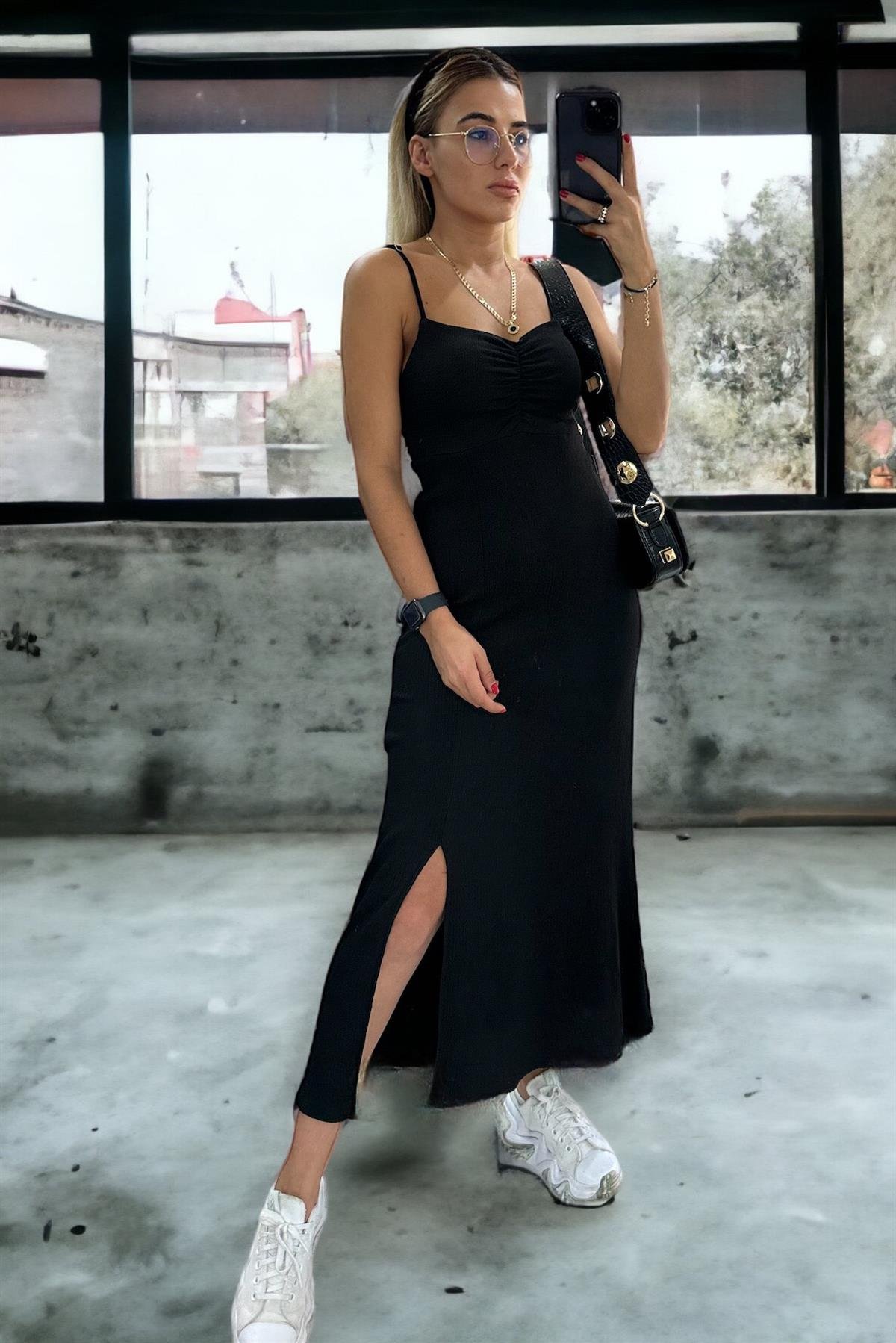 Bürümcük Siyah Midi Boy ElbiseELBİSE