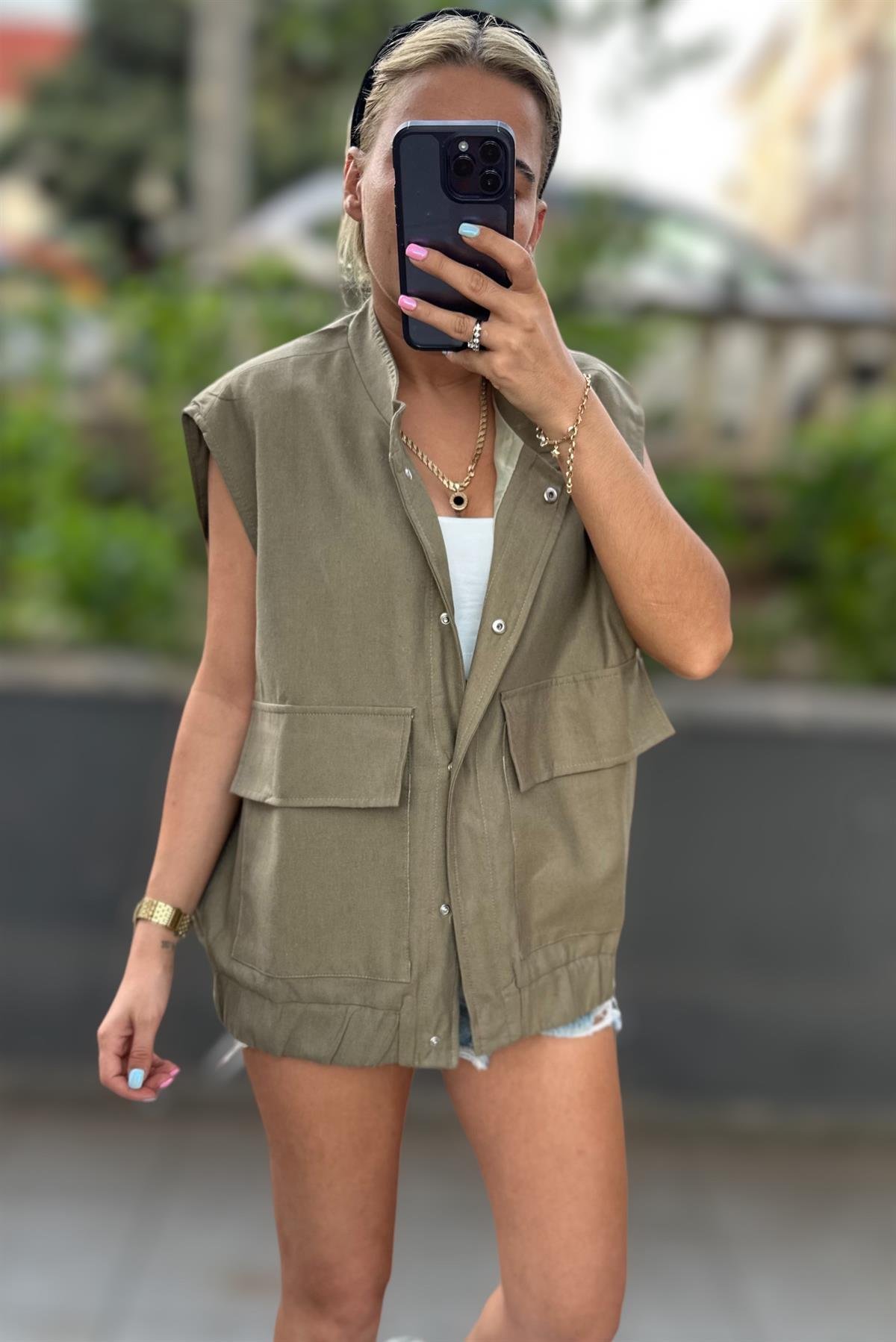 Büyük Cepli Haki Oversize YelekMONT/CEKET