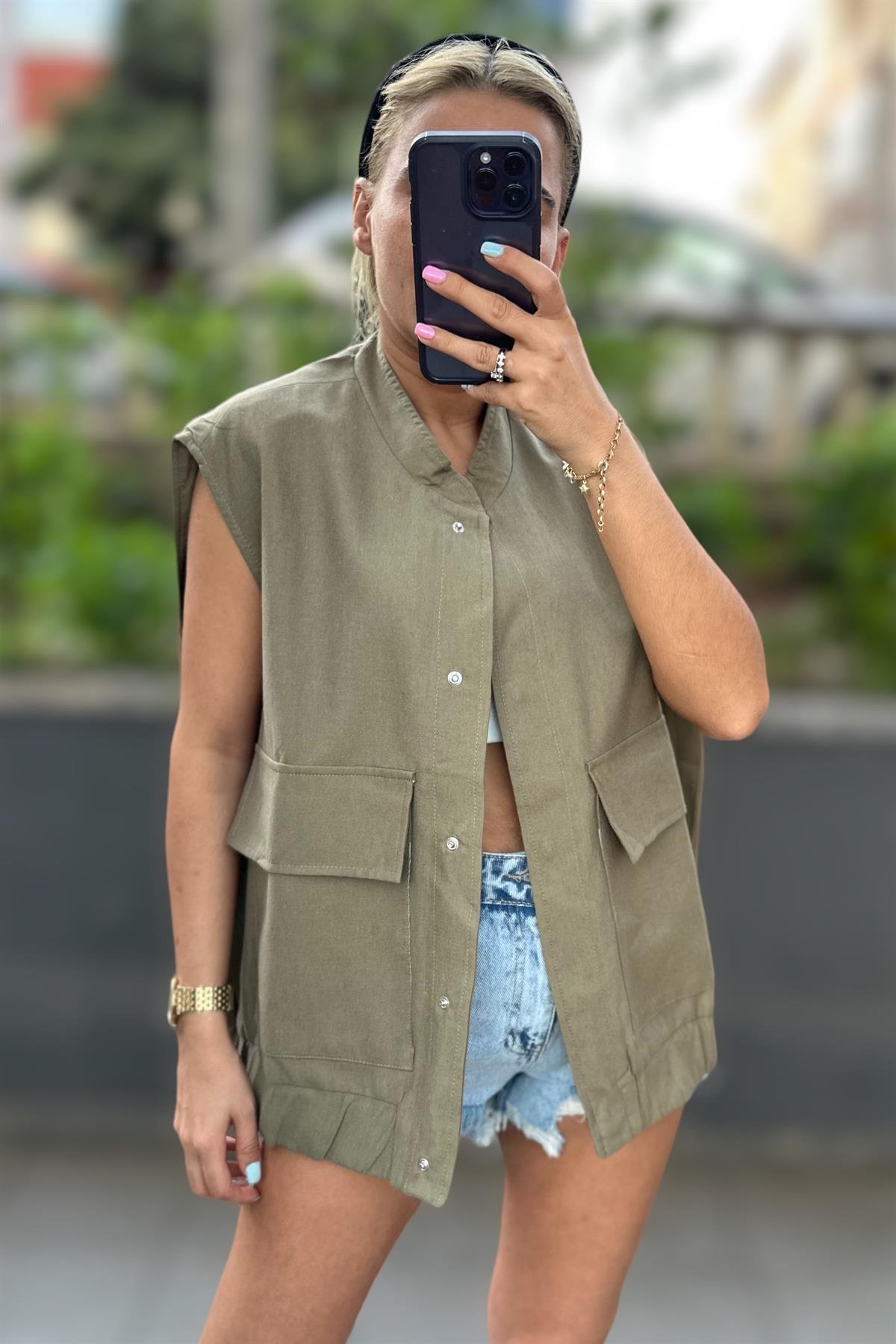 Büyük Cepli Haki Oversize YelekMONT/CEKET