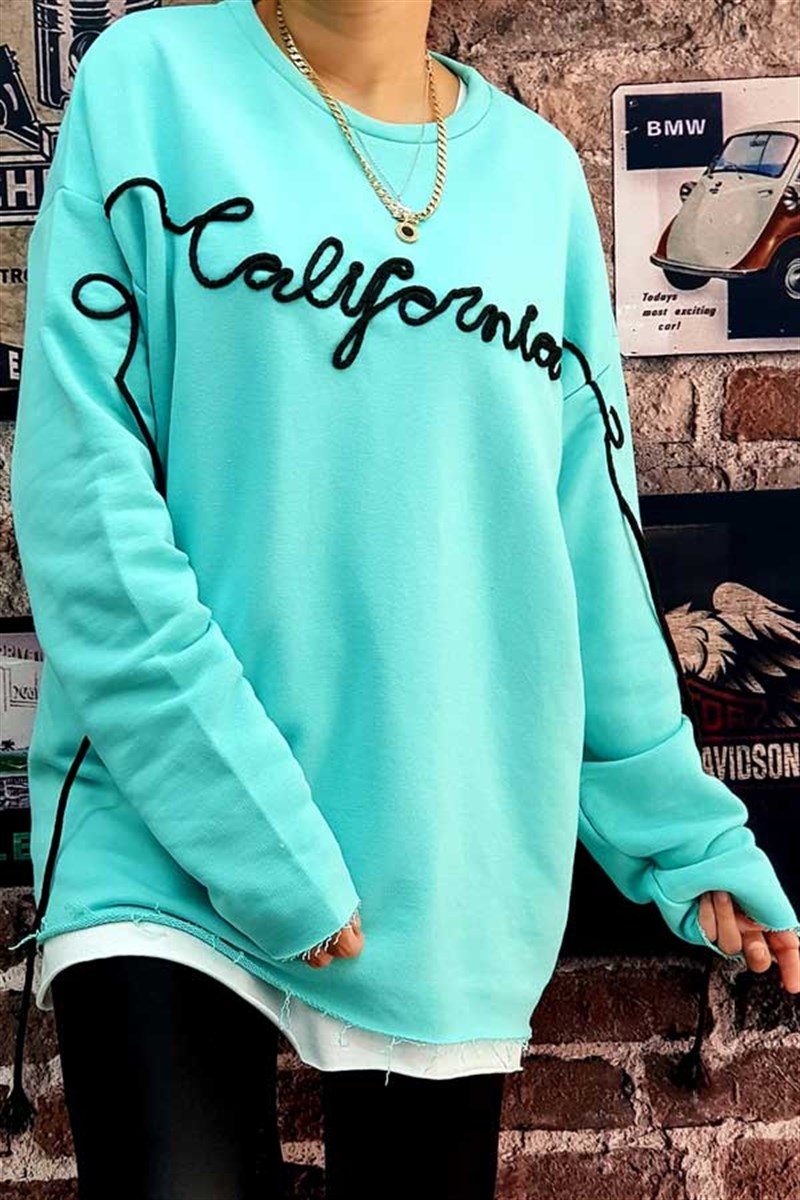 California İp Nakışlı Mavi Sweat
