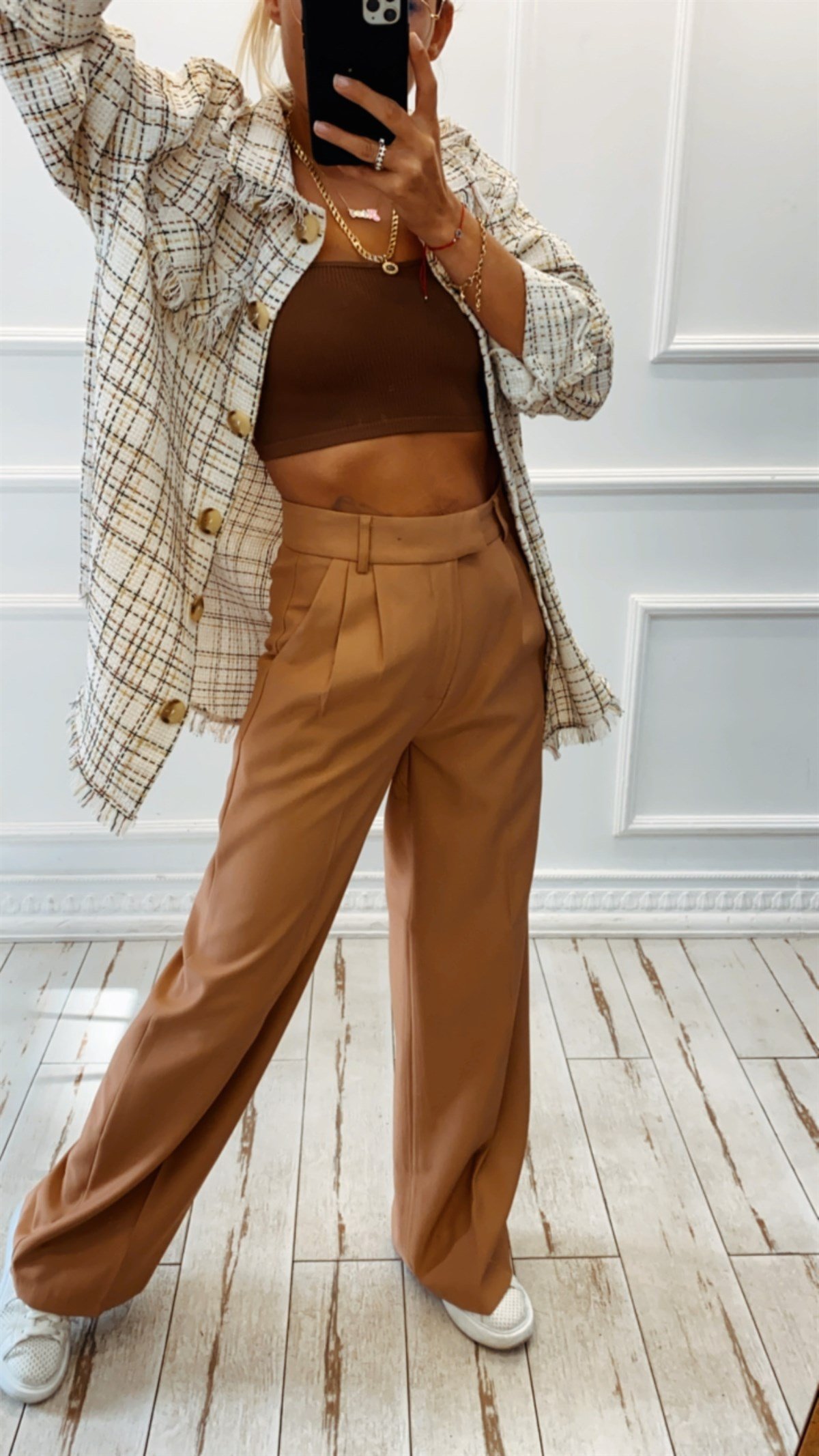 Camel Kumaş Beli Lastikli  Palazzo Pantolon