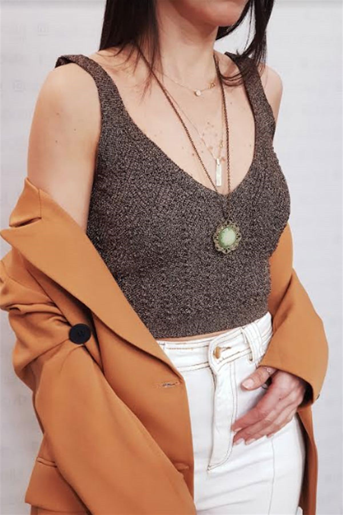 Çapraz Örme Askılı Triko Crop Bluz