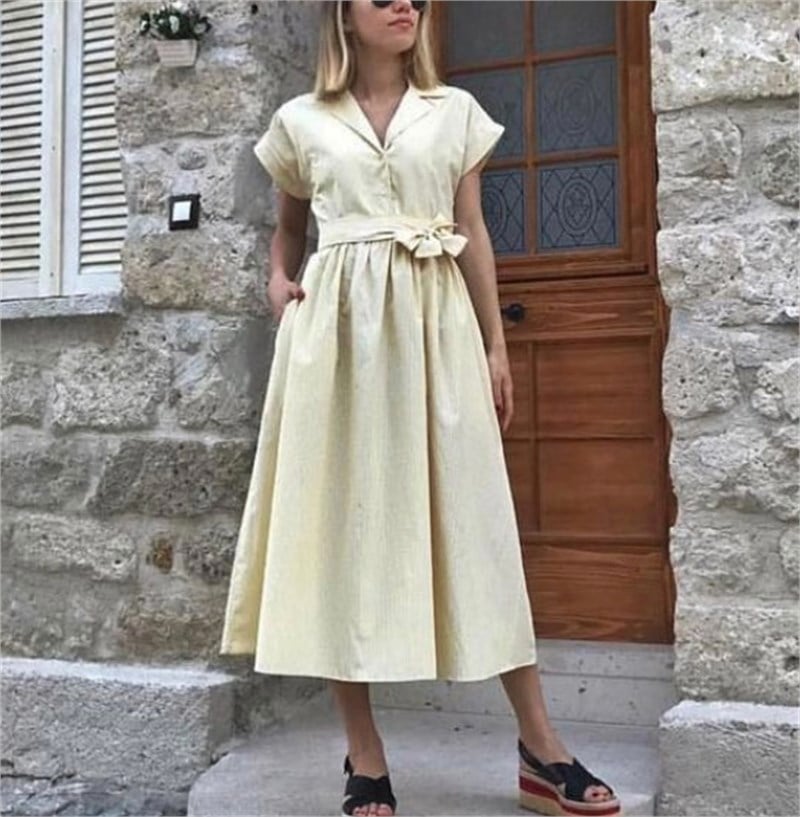 Ceket Yaka Kuşaklı Vintage Elbise