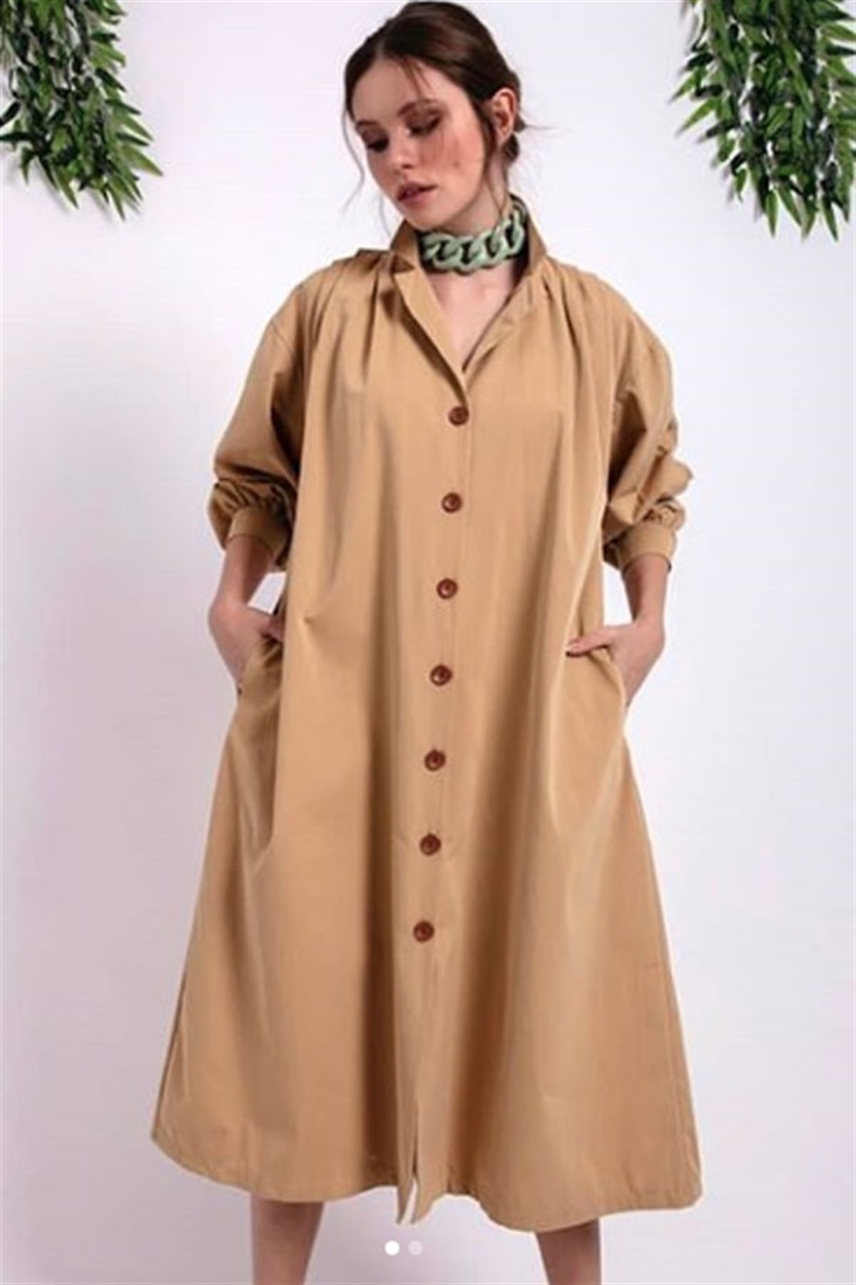 Cepli Salaş Camel Trench Elbise