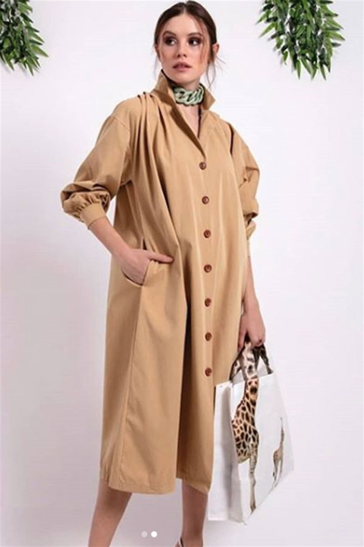 Cepli Salaş Camel Trench Elbise