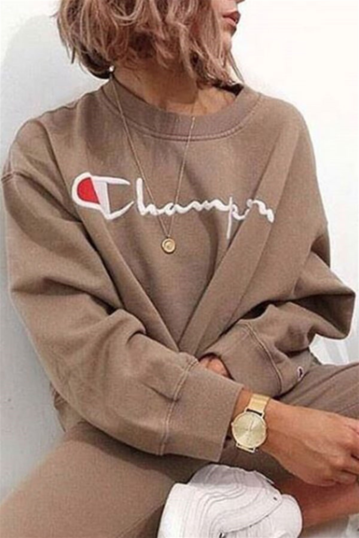 Champion Büyük Logolu Vizon Sweatshirt