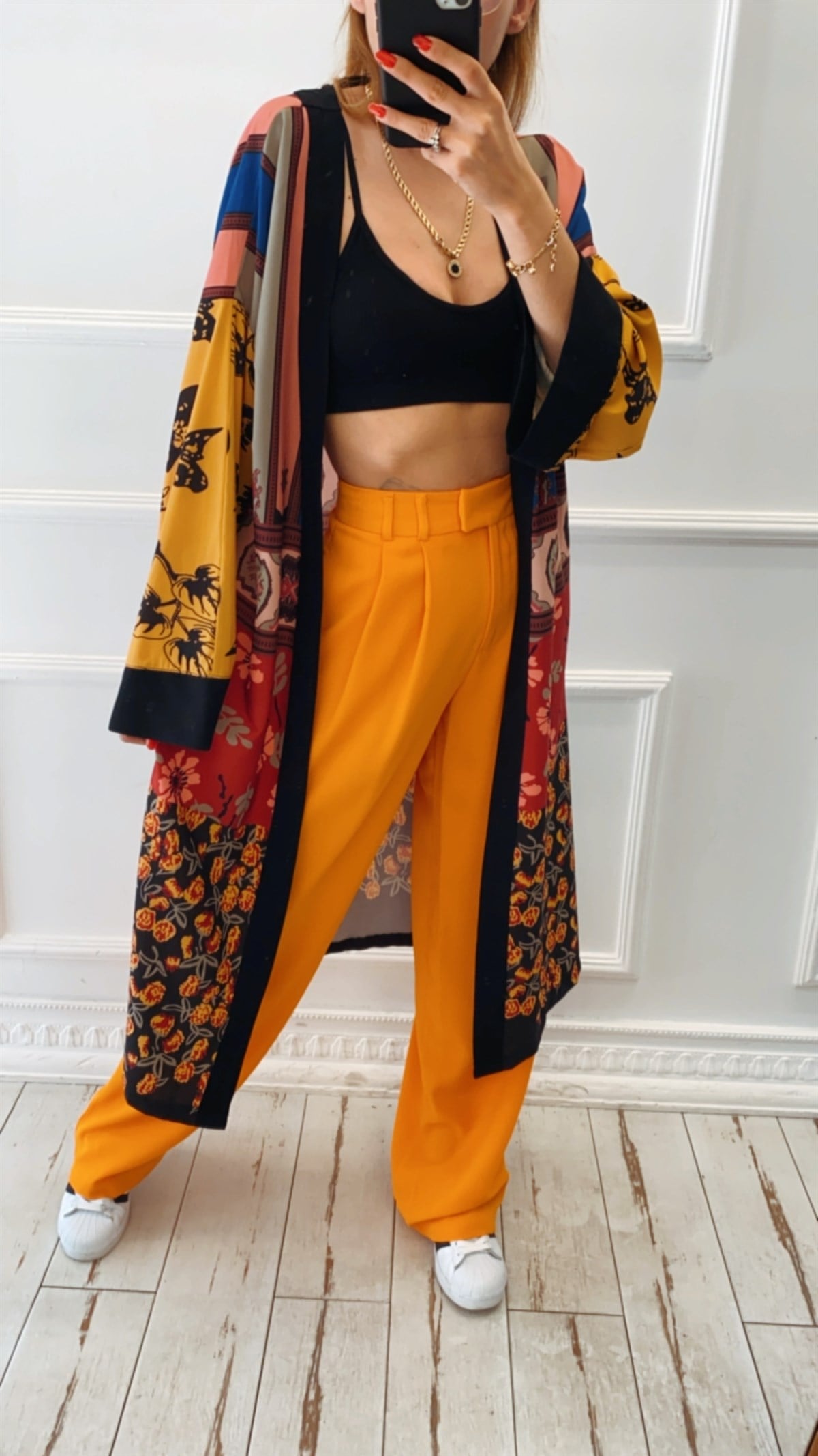 Çiçek Desen Kuşaklı Kimono