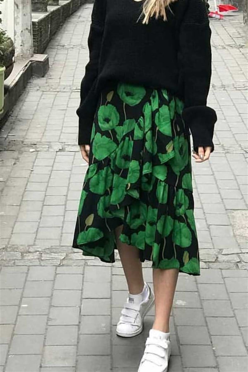 Çiçek Desenli Midi Etek