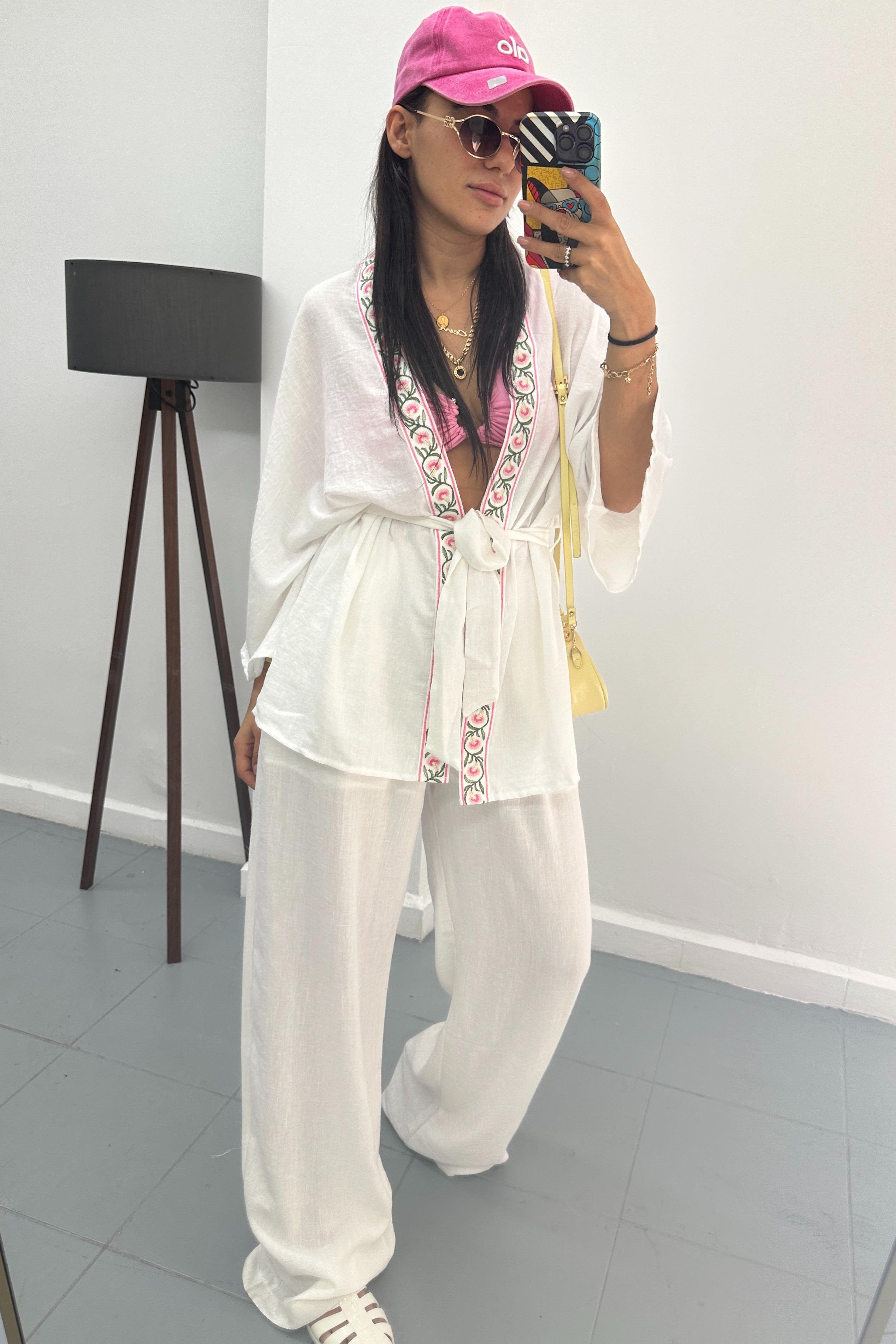 Çiçek Nakışlı Keten Kimono TakımTAKIMLAR