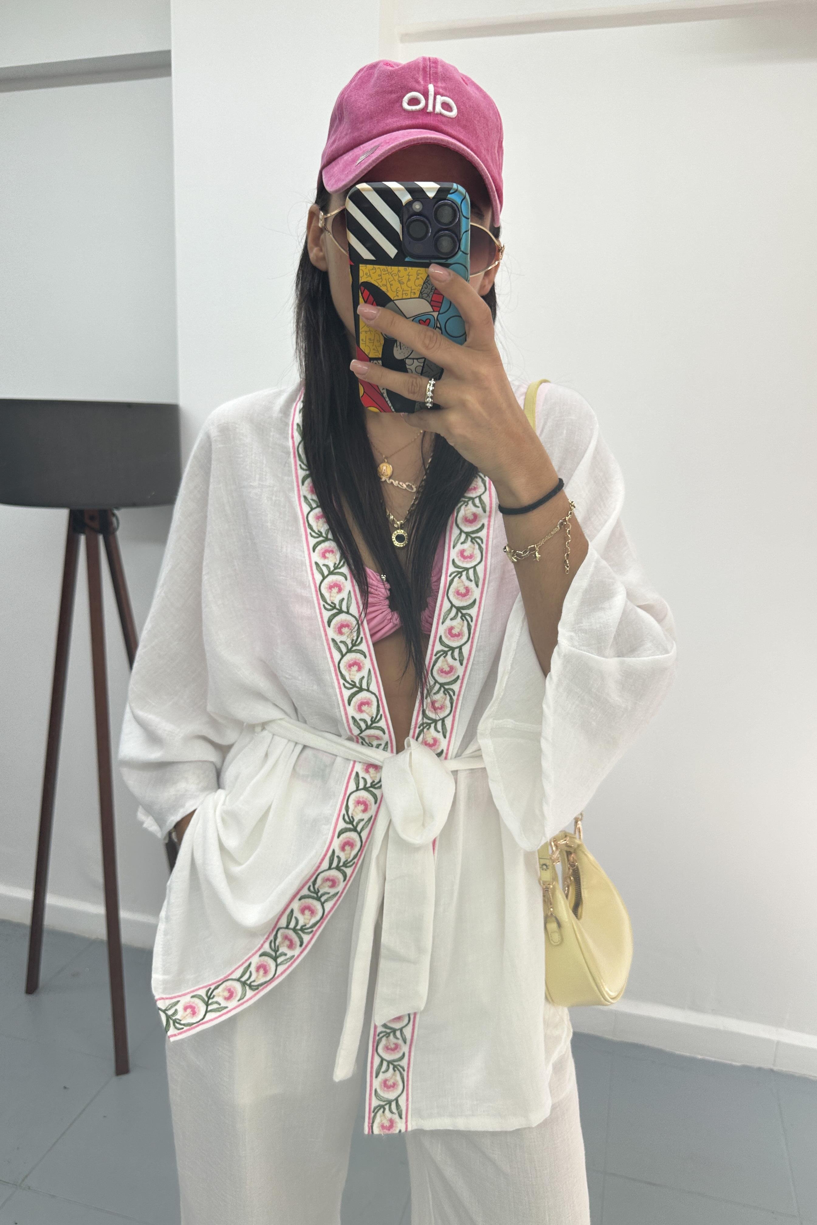 Çiçek Nakışlı Keten Kimono TakımTAKIMLAR