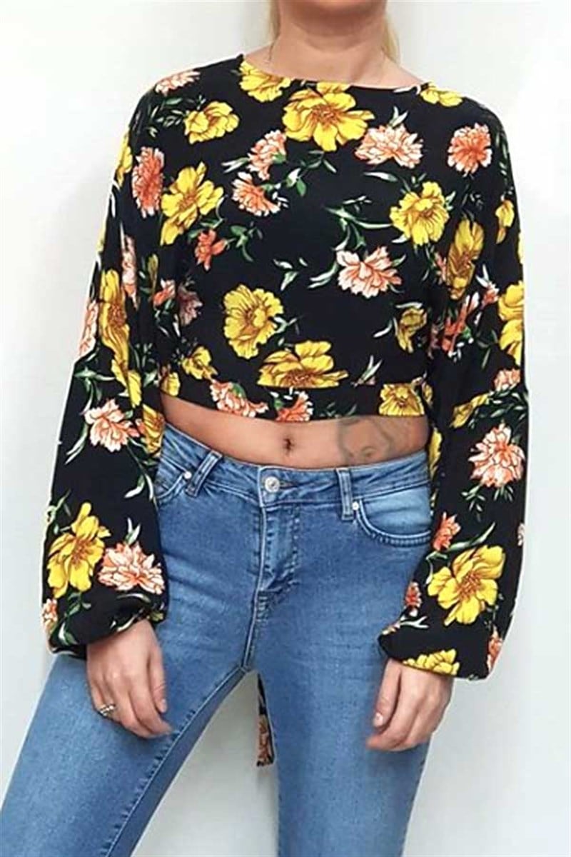 Çiçekli Beli Bağlamalı Mini Bluz