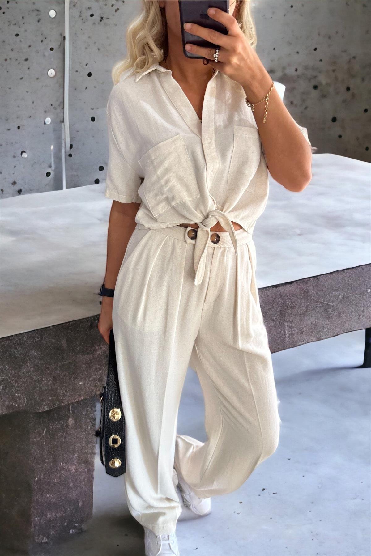 Çift Düğme Keten PalazzoPANTOLON