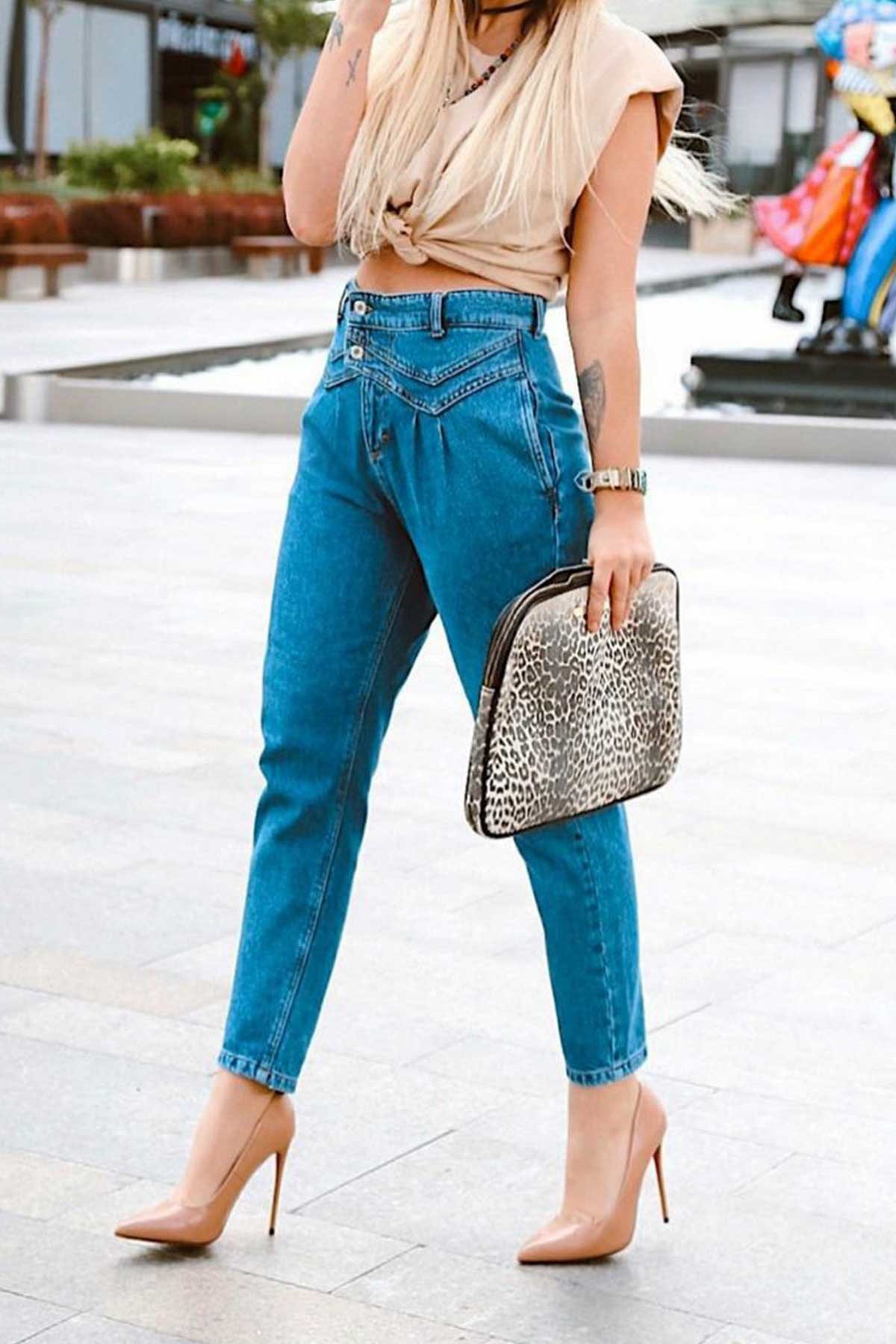 Çift Düğmeli Mavi Relax Jean