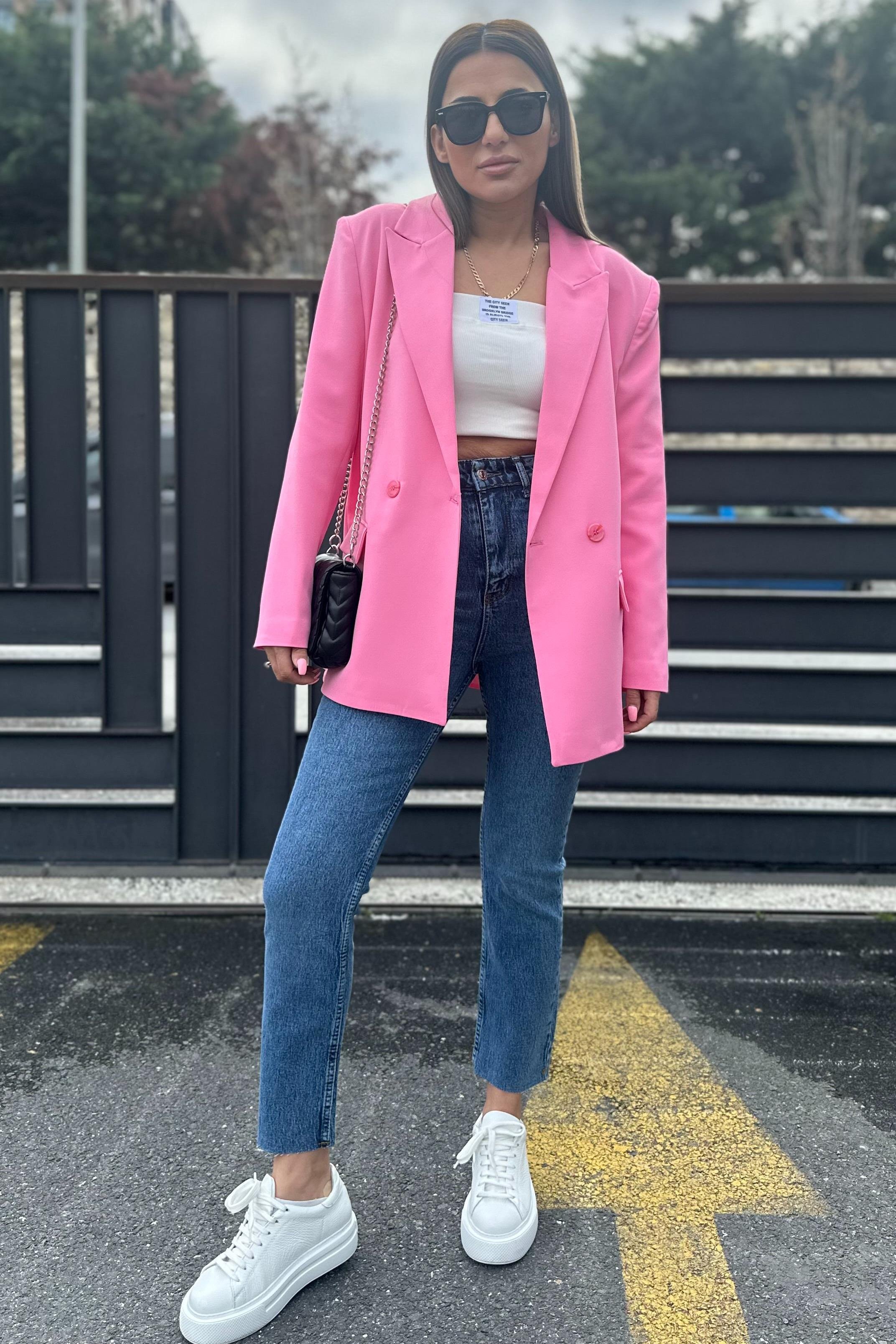 Çift Düğmeli Pembe Blazer CeketDIŞ GİYİM