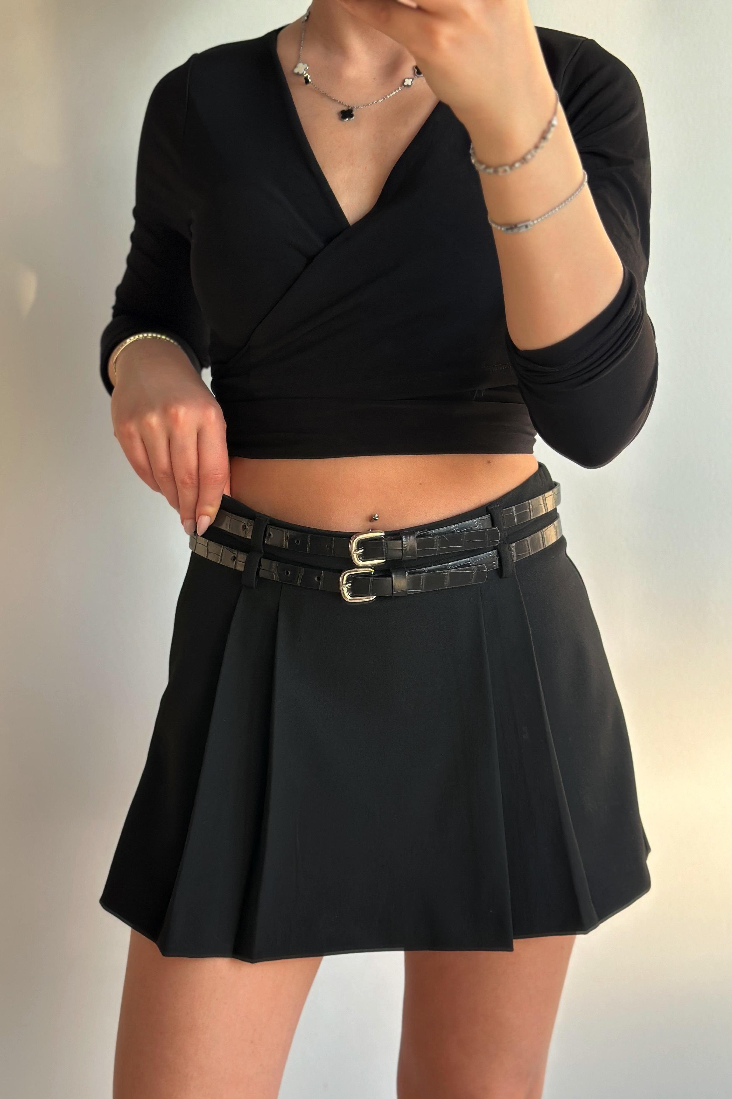 Çift Kemerli Siyah Şort EtekETEK