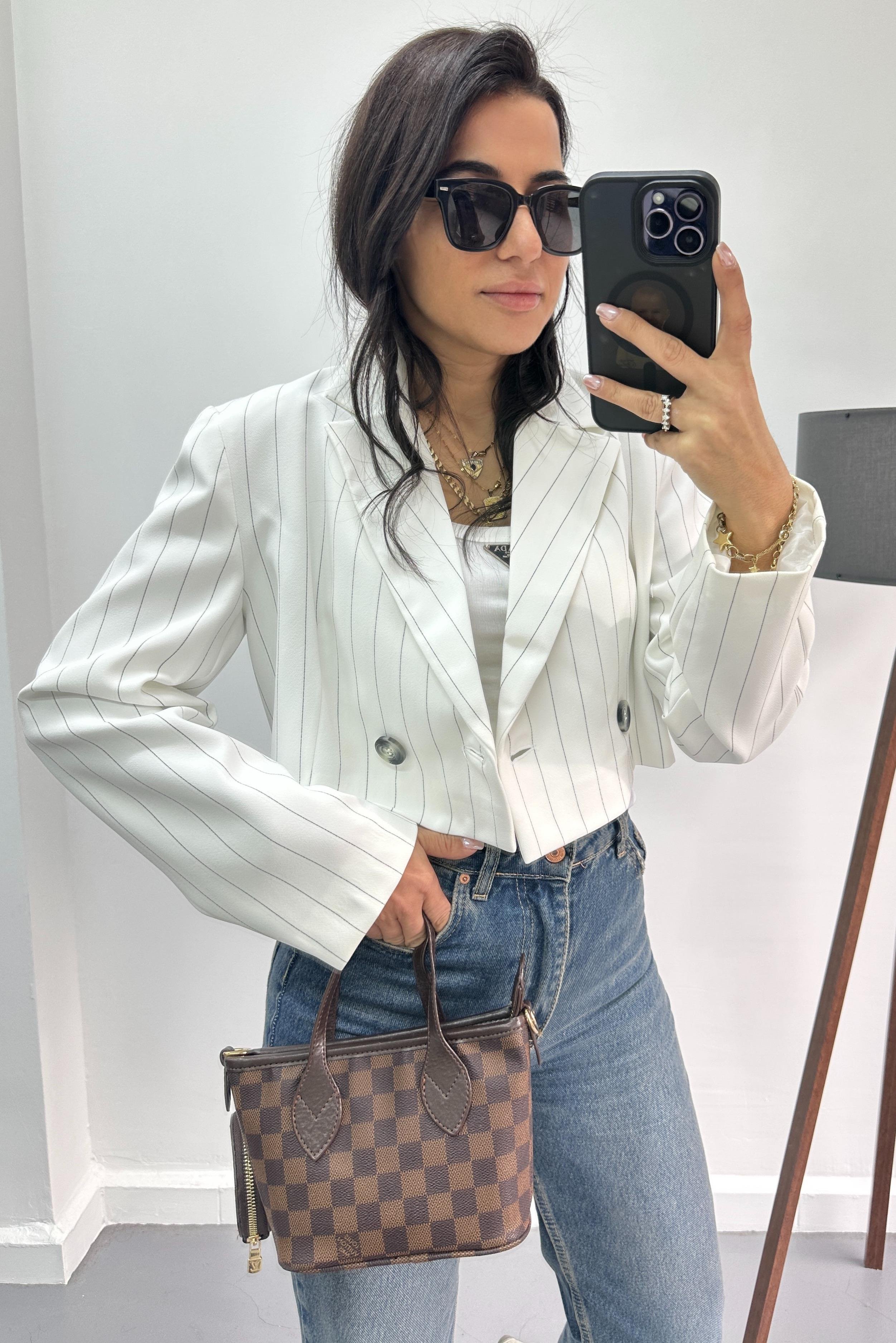 Çizgili Beyaz Mini CeketMONT/CEKET