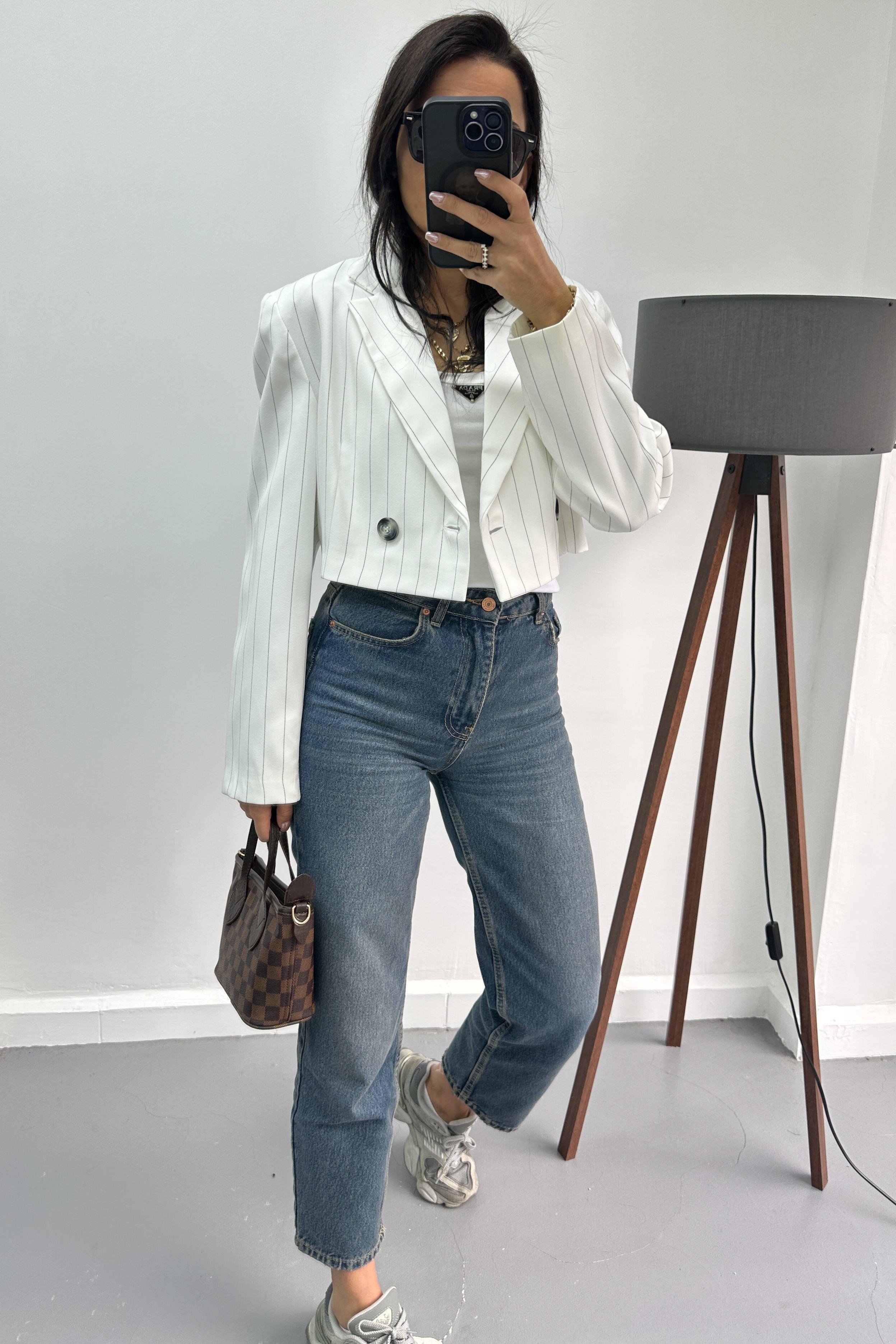 Çizgili Beyaz Mini CeketMONT/CEKET