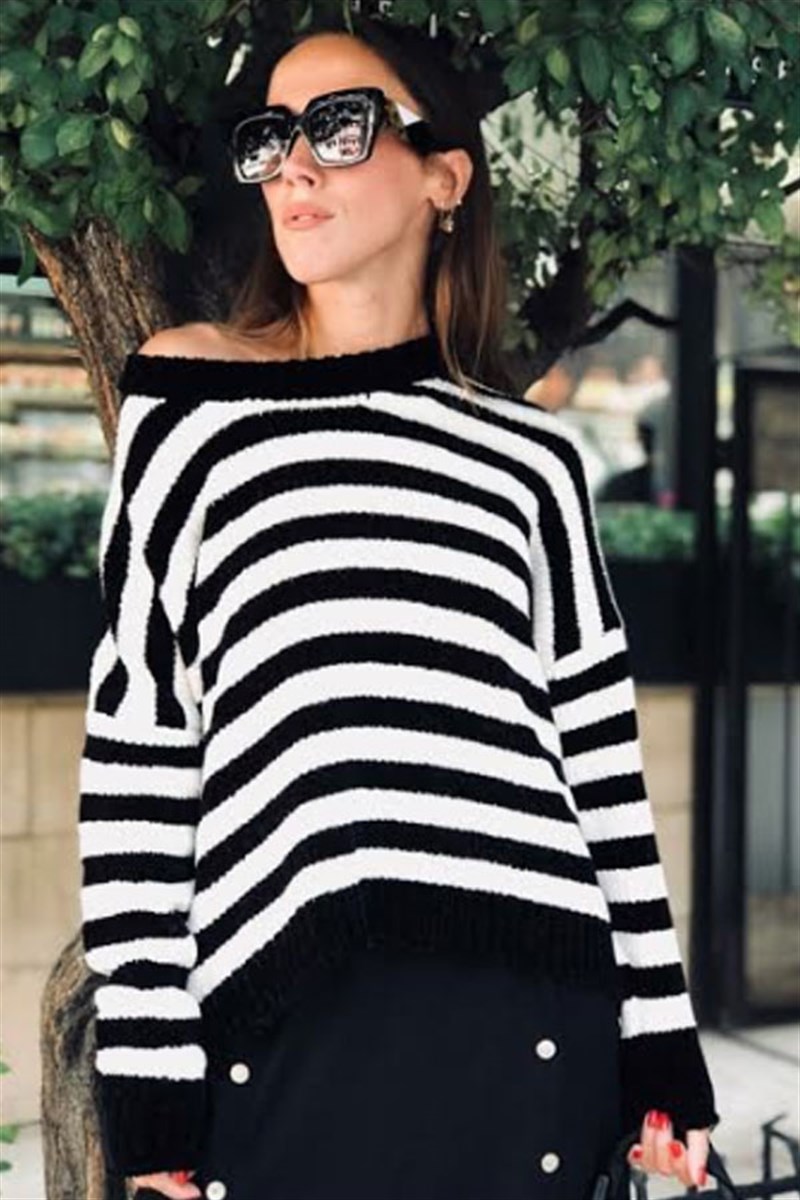 Çizgili Kadife Örme Basic Kazak