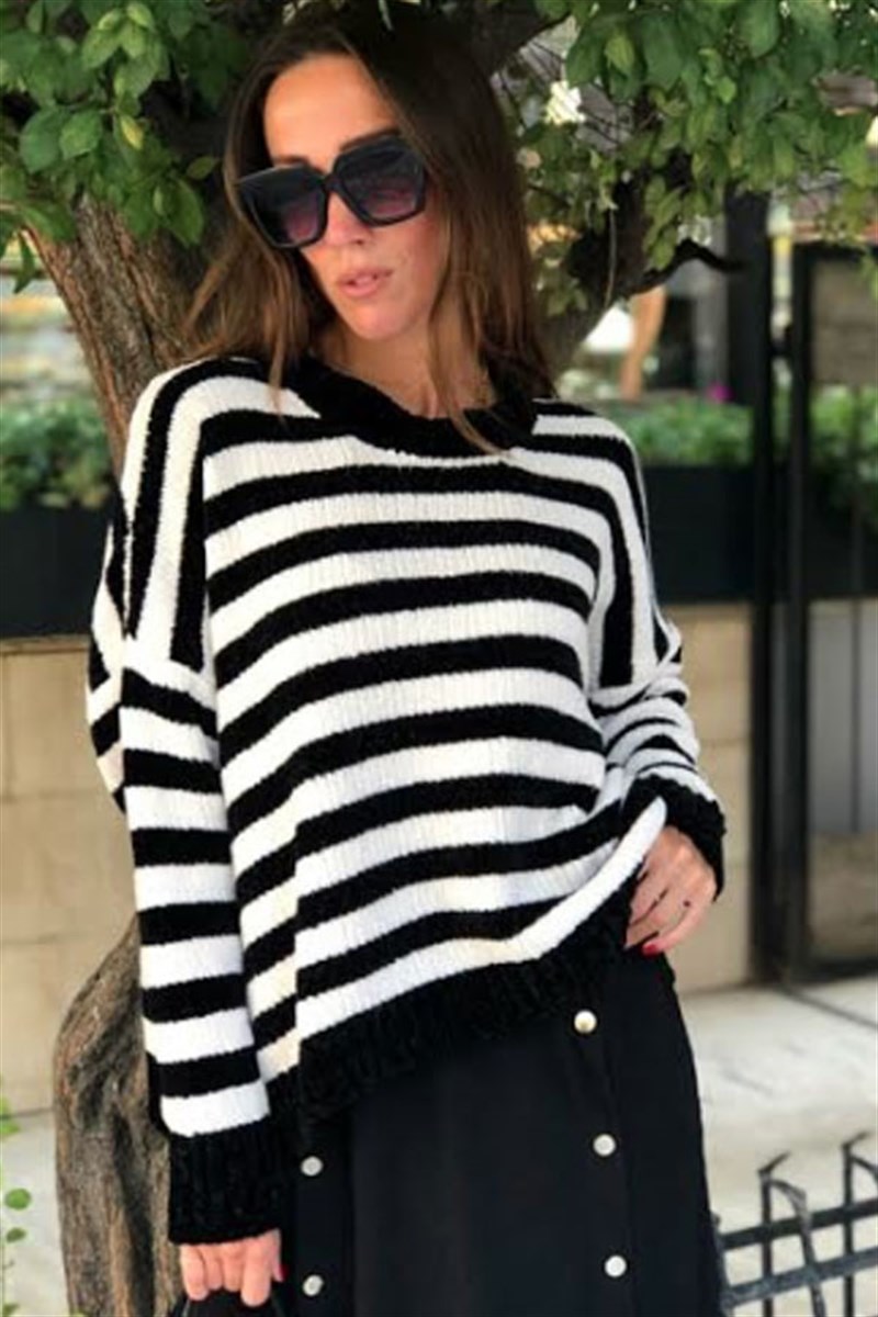 Çizgili Kadife Örme Basic Kazak