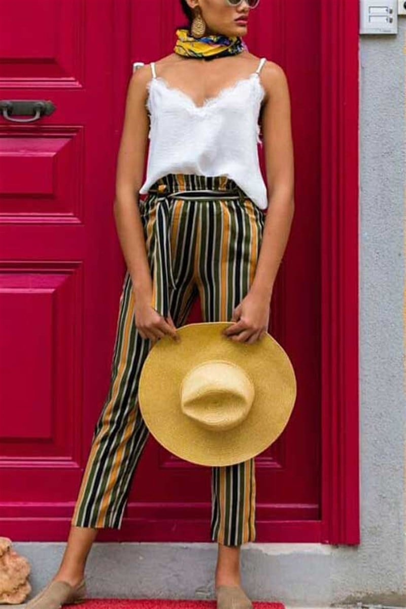 Çizgili Kuşaklı Havuç Pantalon