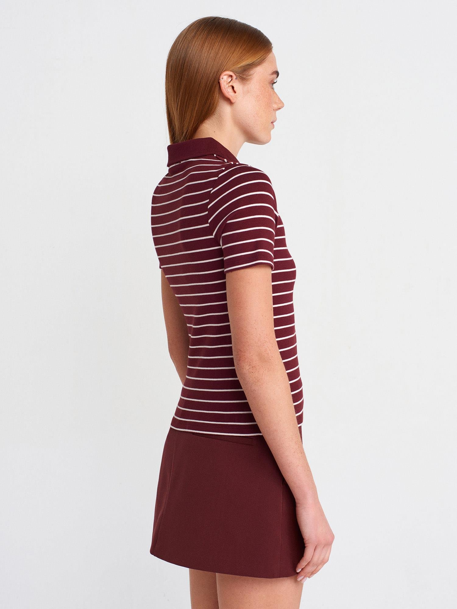 Çizgili Polo Yaka Bordo-Ekru T-shirtÇOK SATANLAR
