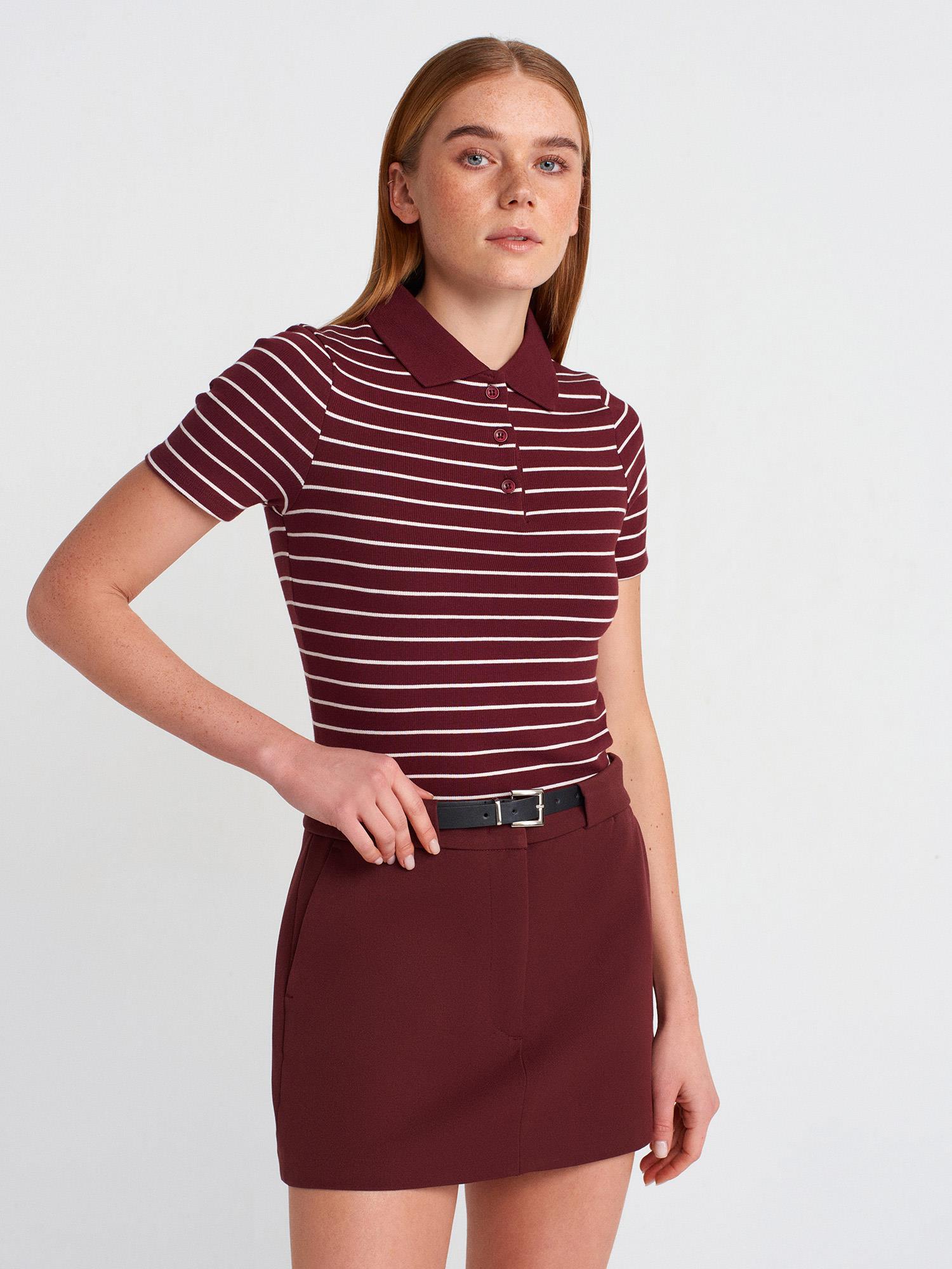 Çizgili Polo Yaka Bordo-Ekru T-shirtÇOK SATANLAR
