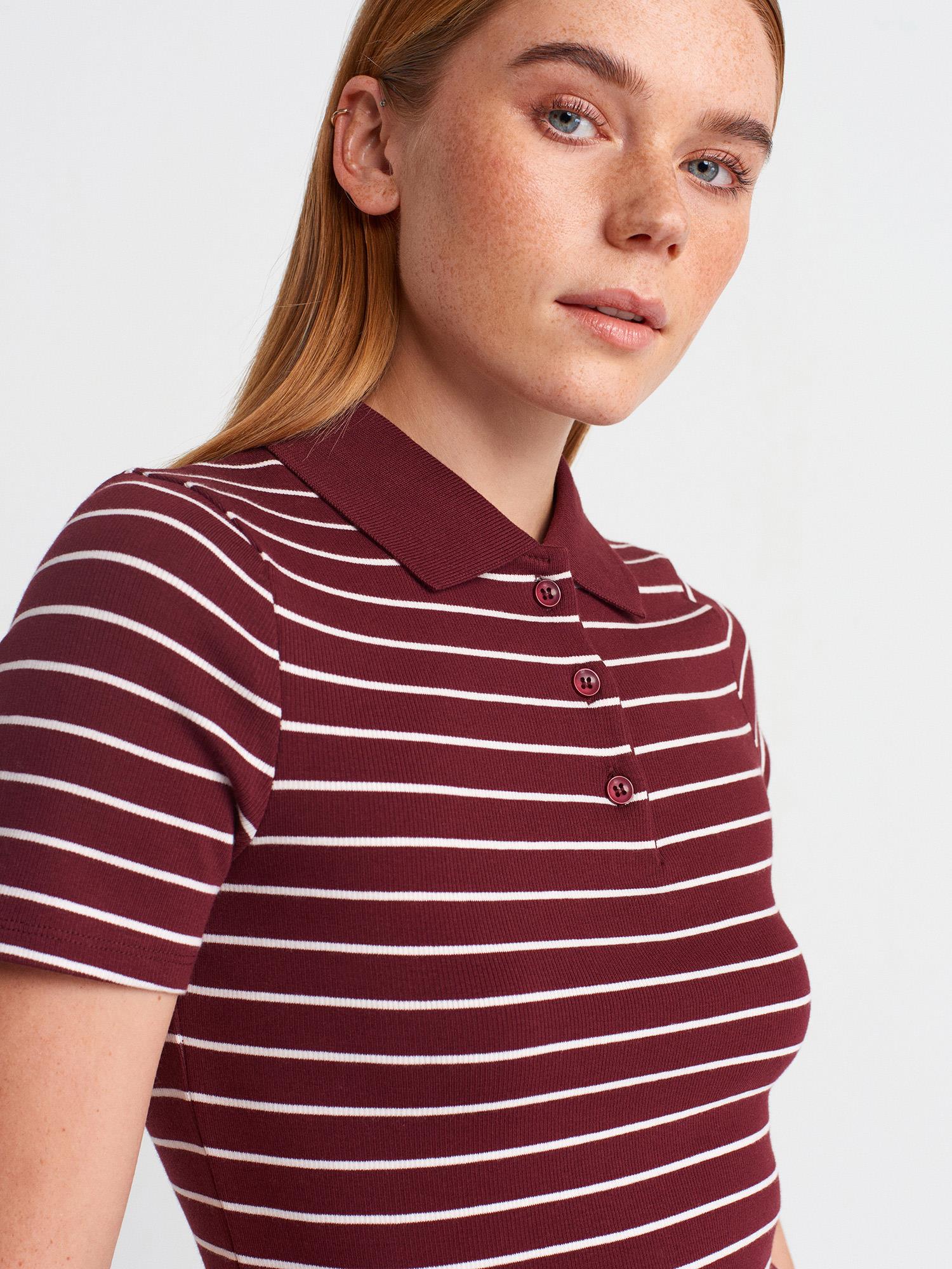 Çizgili Polo Yaka Bordo-Ekru T-shirtÇOK SATANLAR