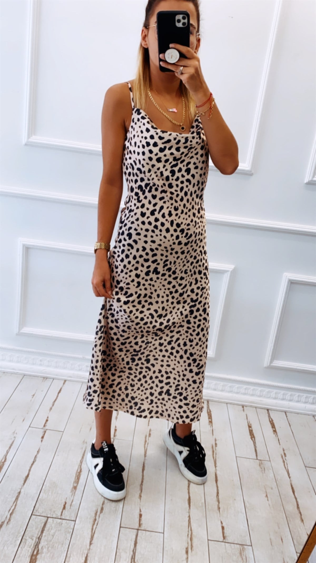 Degaje Yaka Bej Leopar Desen Midi Boy Saten Elbise