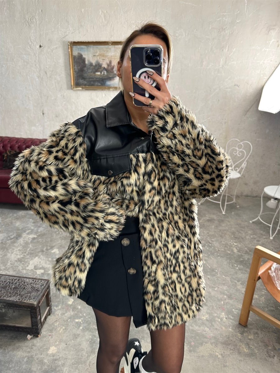 Deri Garnili Leopar Peluş MontMONT/CEKET