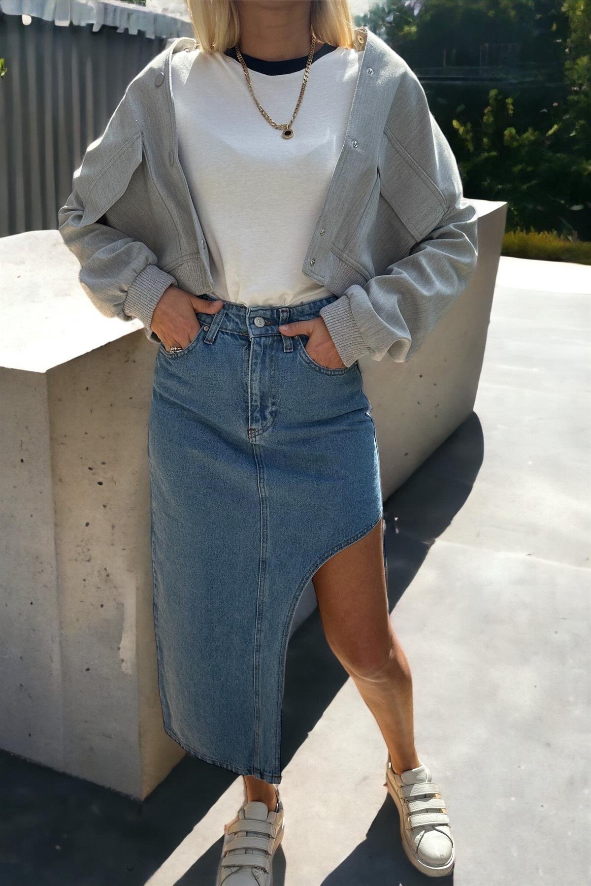 Derin Yırtmçlı Denim EtekETEK