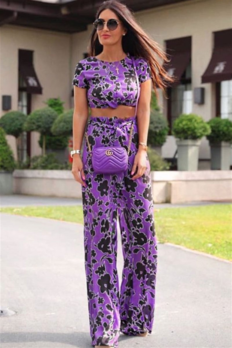 Desenli Mor Viskon Bluz Pantalon Takım