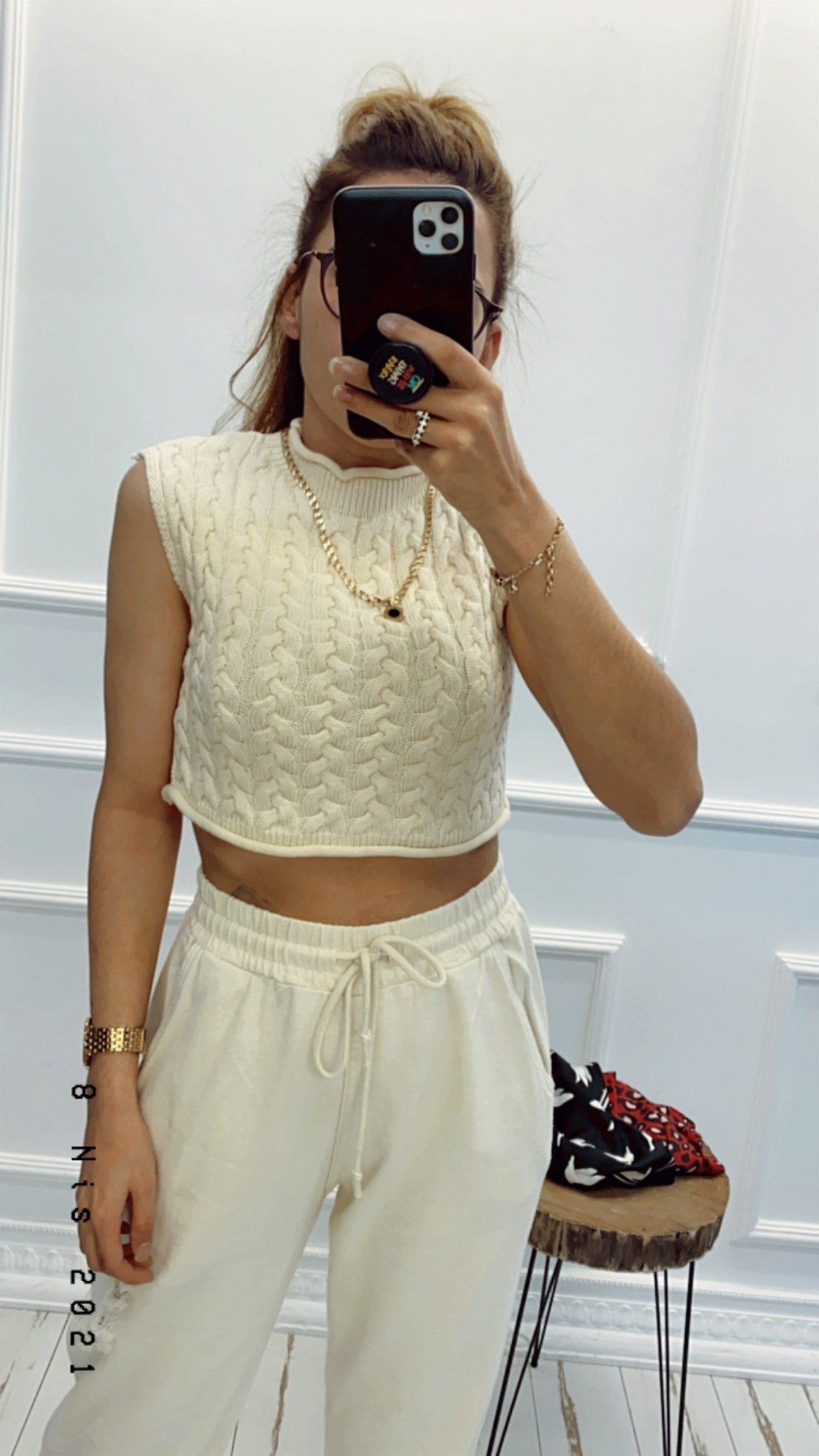 Desenli Örme Crop Bluz