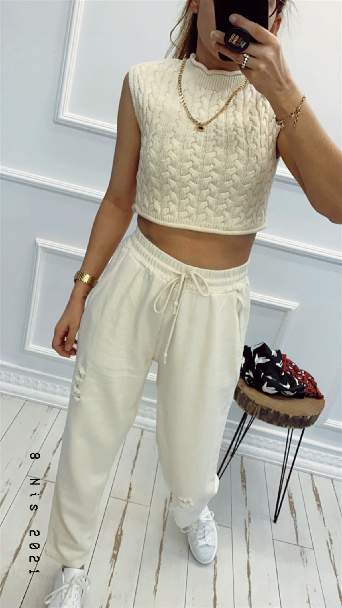 Desenli Örme Crop Bluz