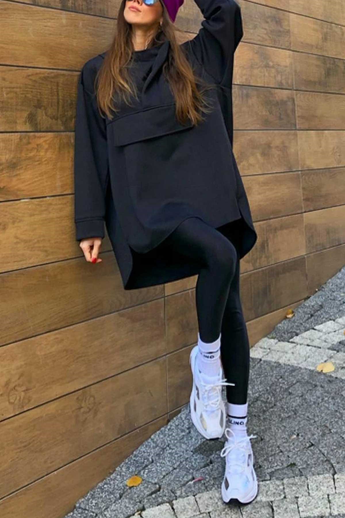Dik Yaka Kapşonlu Dalgıç Kumaş Sweat