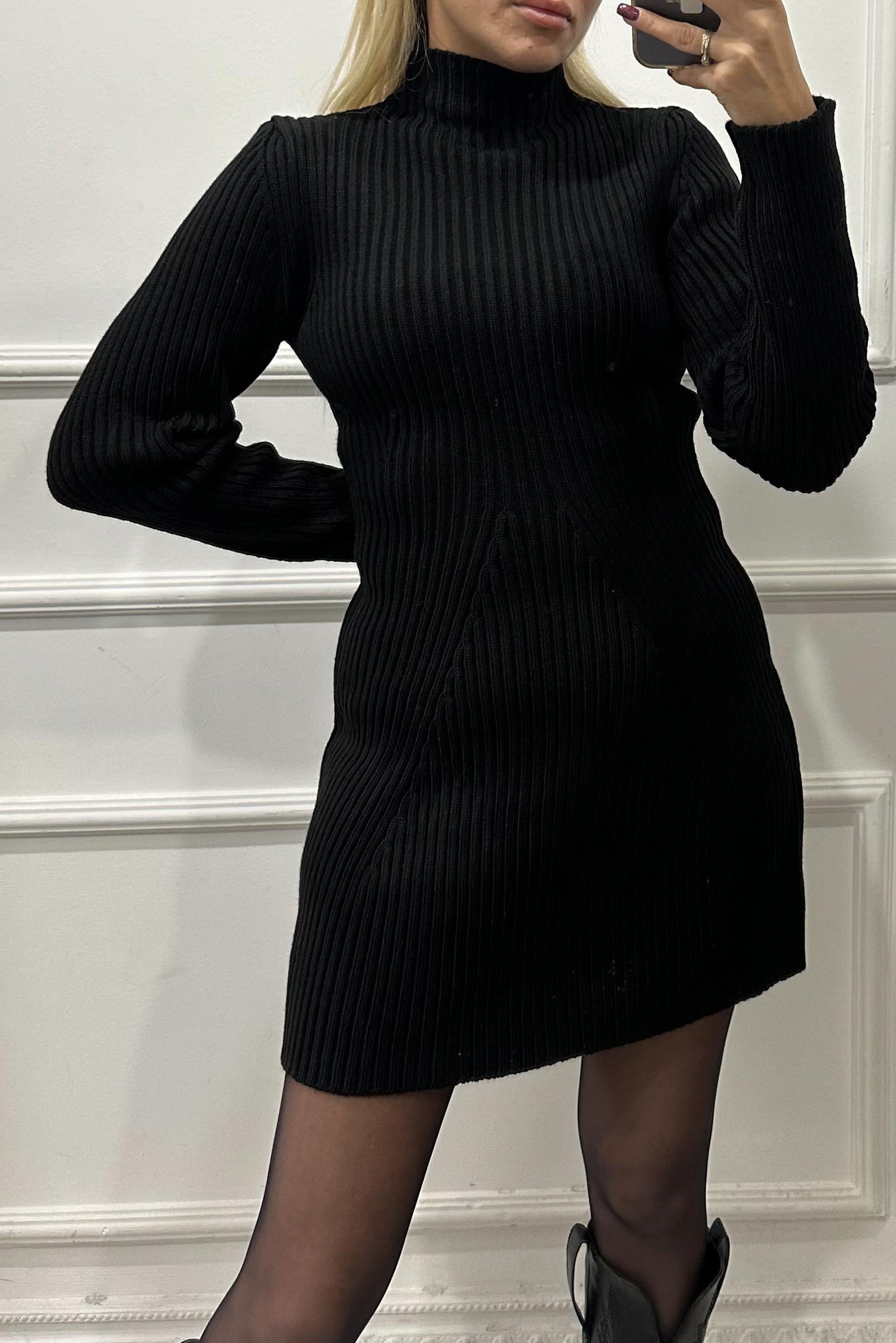 Dik Yaka Mini Siyah Triko ElbiseELBİSE