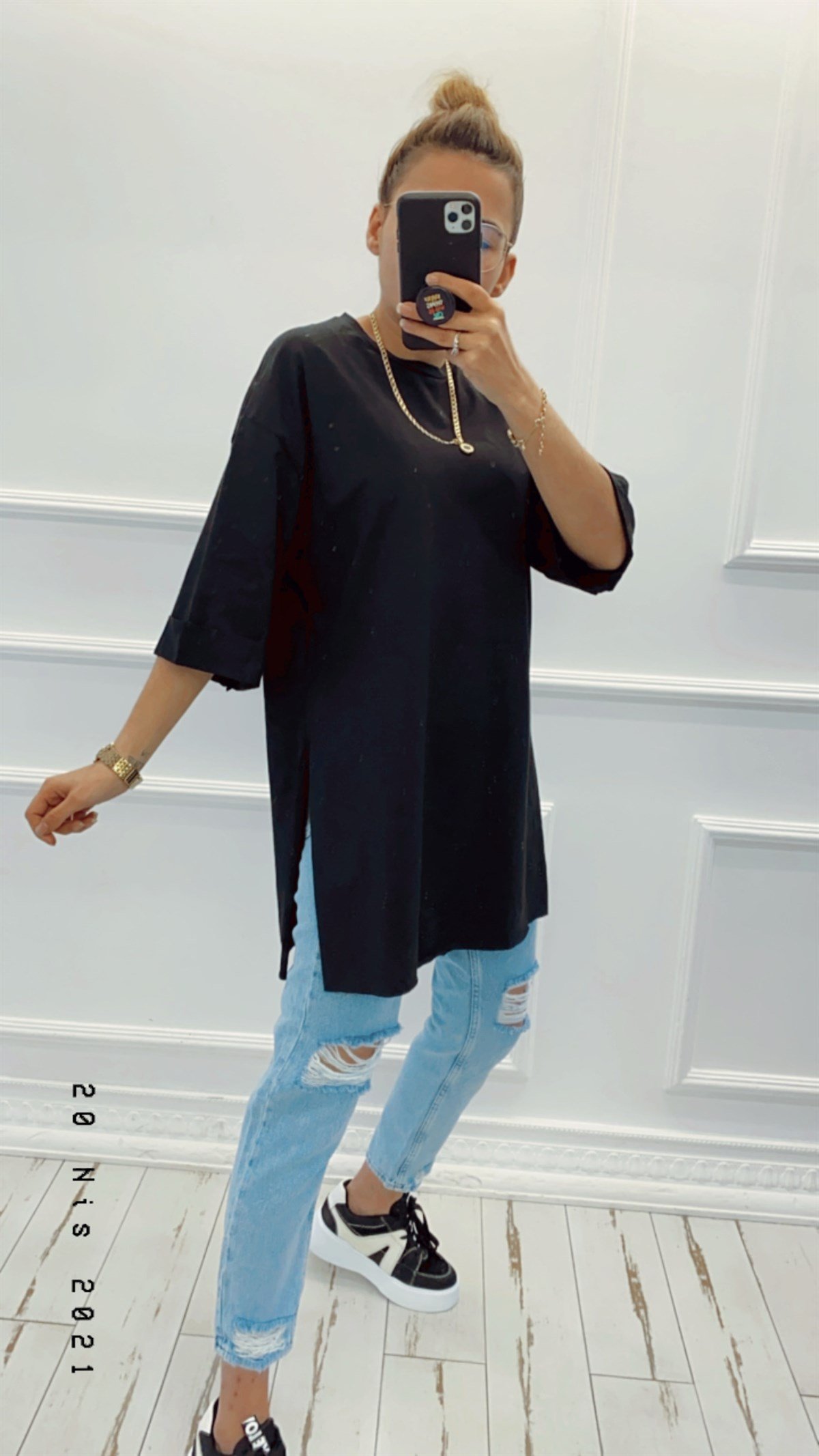 Duble Kol Yırtmaçlı Oversize Basic Tshirt